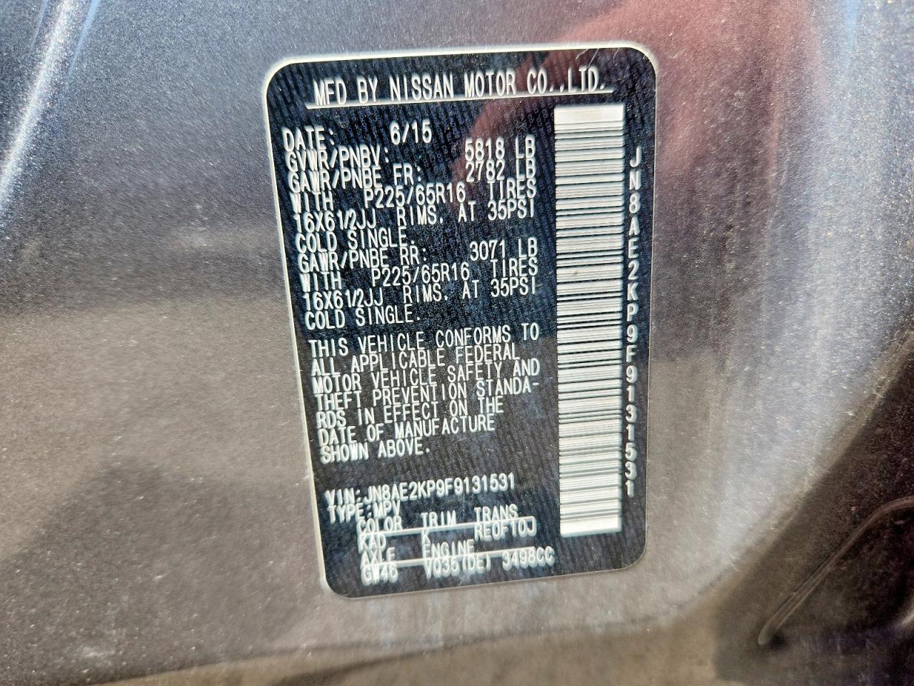 2015 Nissan Quest 3.5 S Gray vin: JN8AE2KP9F9131531