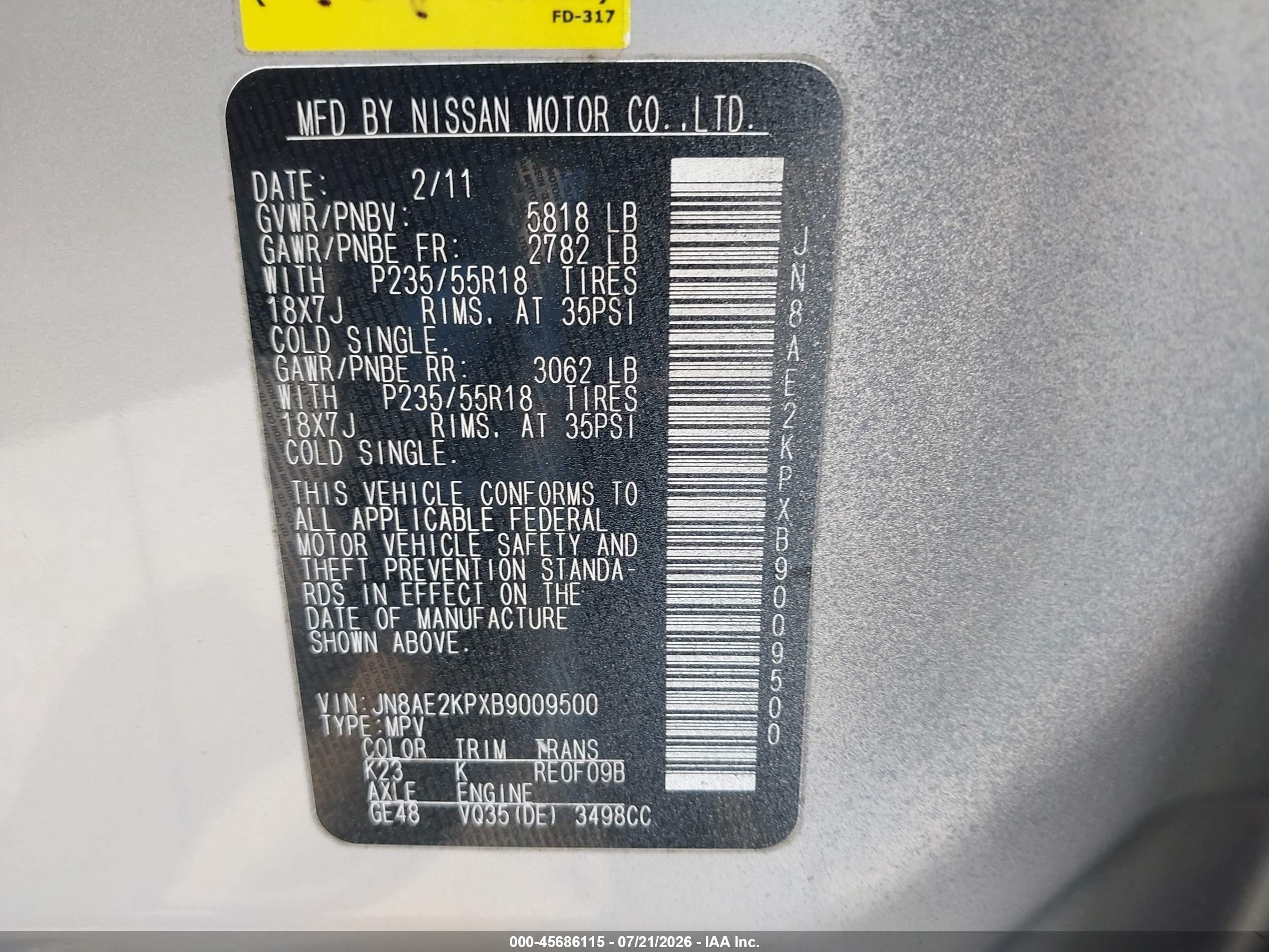 2011 Nissan Quest Sl Silver vin: JN8AE2KPXB9009500