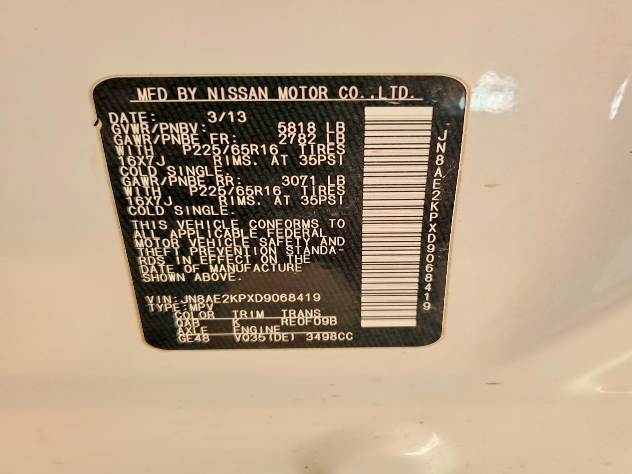 2013 Nissan Quest S White vin: JN8AE2KPXD9068419