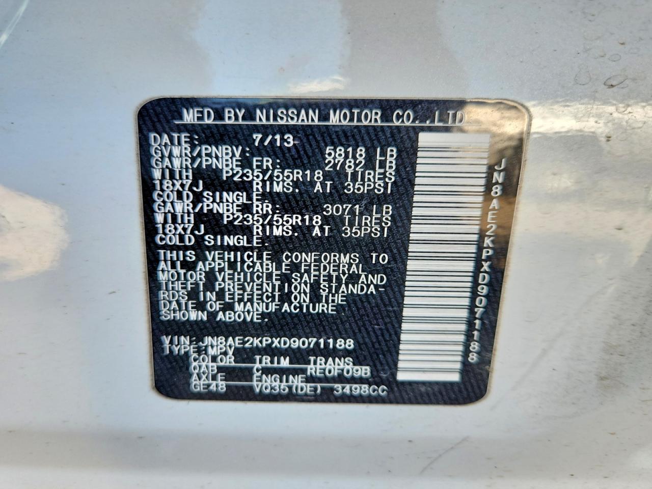 2013 Nissan Quest 3.5 S White vin: JN8AE2KPXD9071188