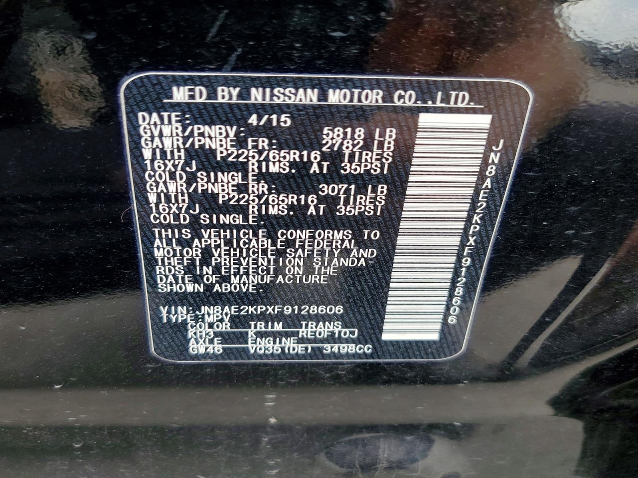 2015 Nissan Quest 3.5 Sv Black vin: JN8AE2KPXF9128606