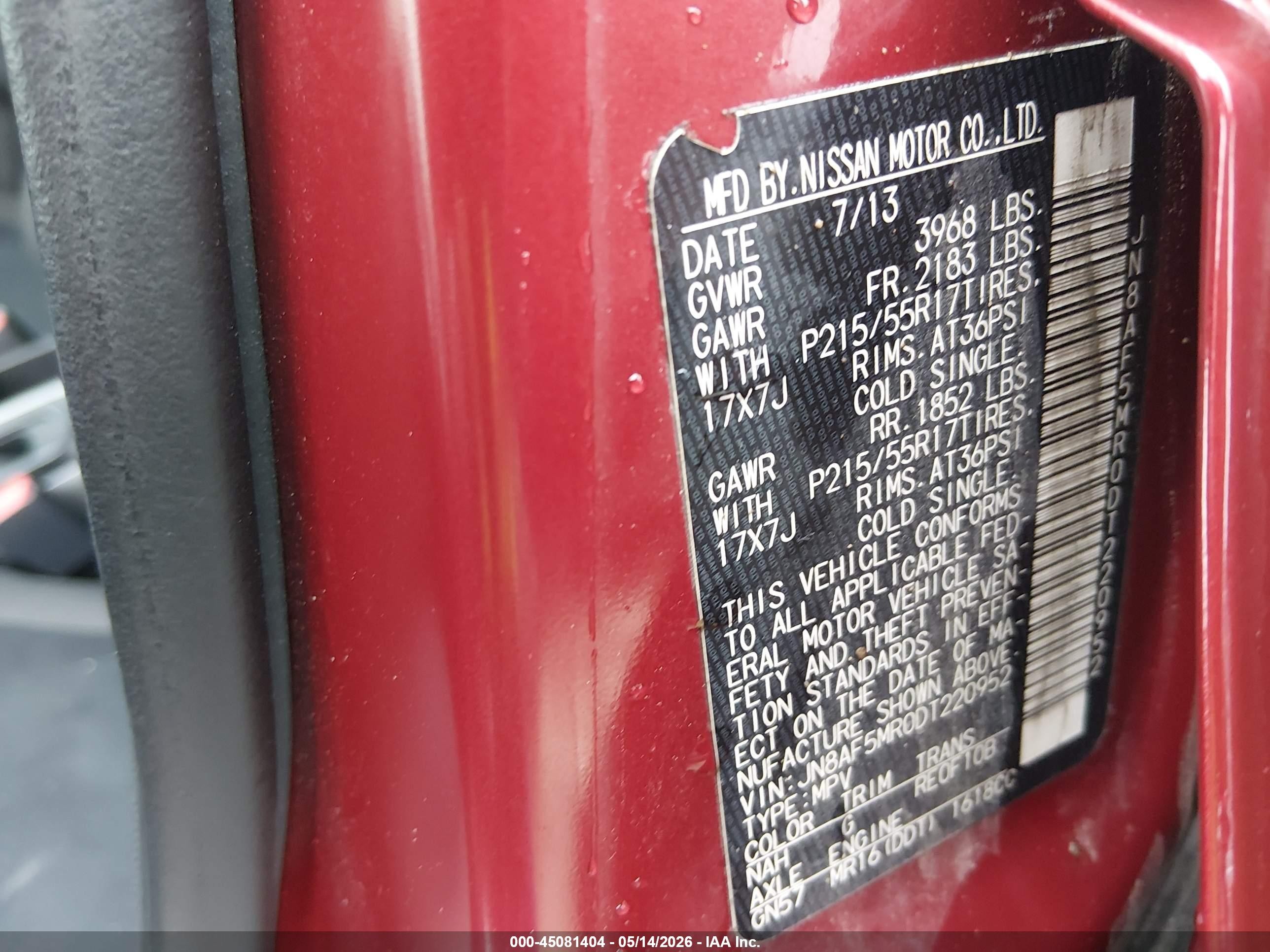 2013 Nissan Juke Sv Red vin: JN8AF5MR0DT220952
