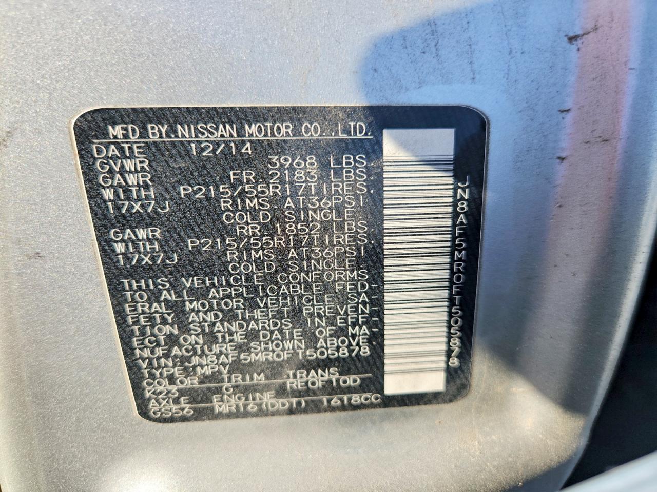 2015 Nissan Juke Sv Silver vin: JN8AF5MR0FT505878