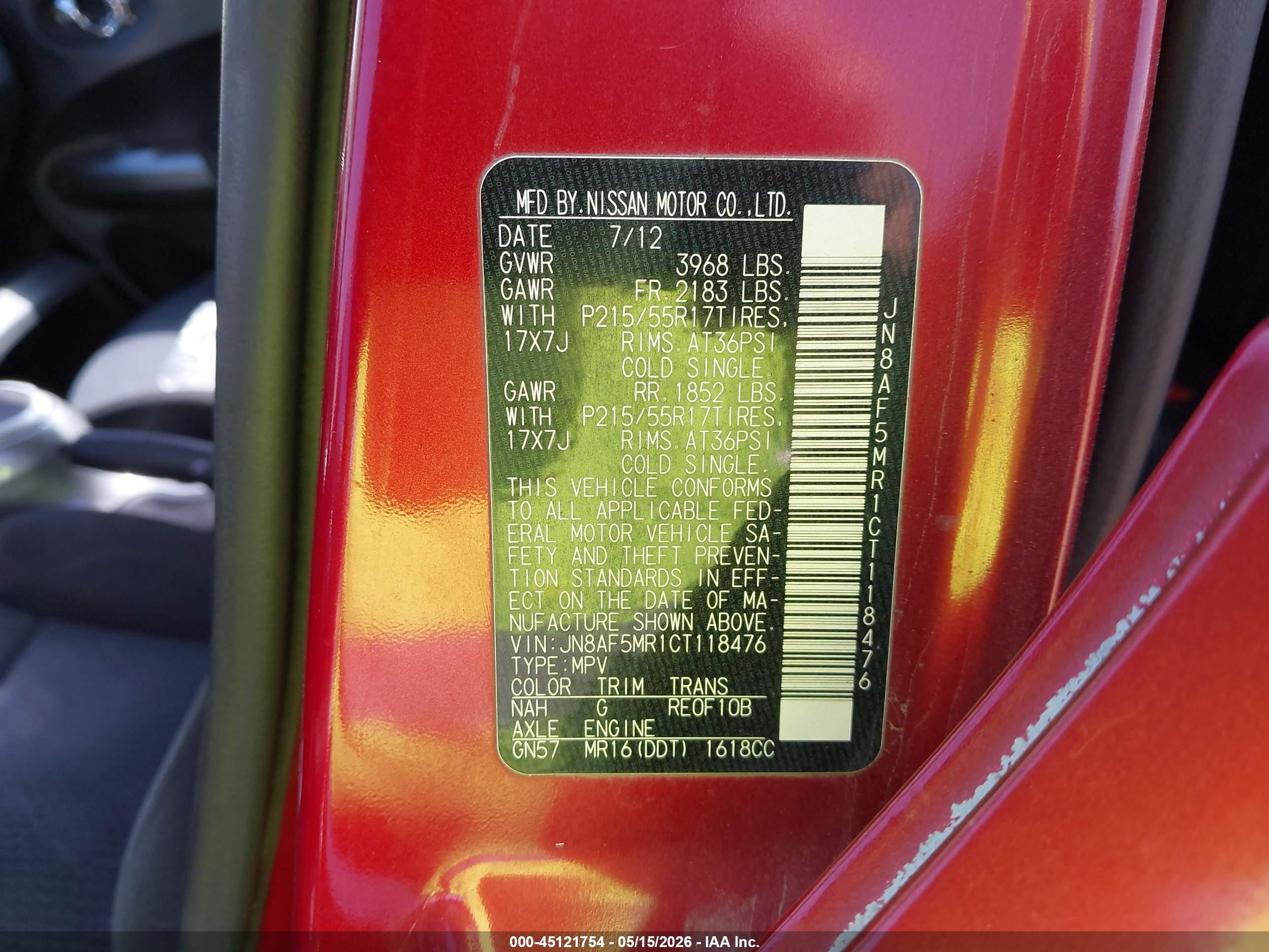 2012 Nissan Juke Sv Red vin: JN8AF5MR1CT118476