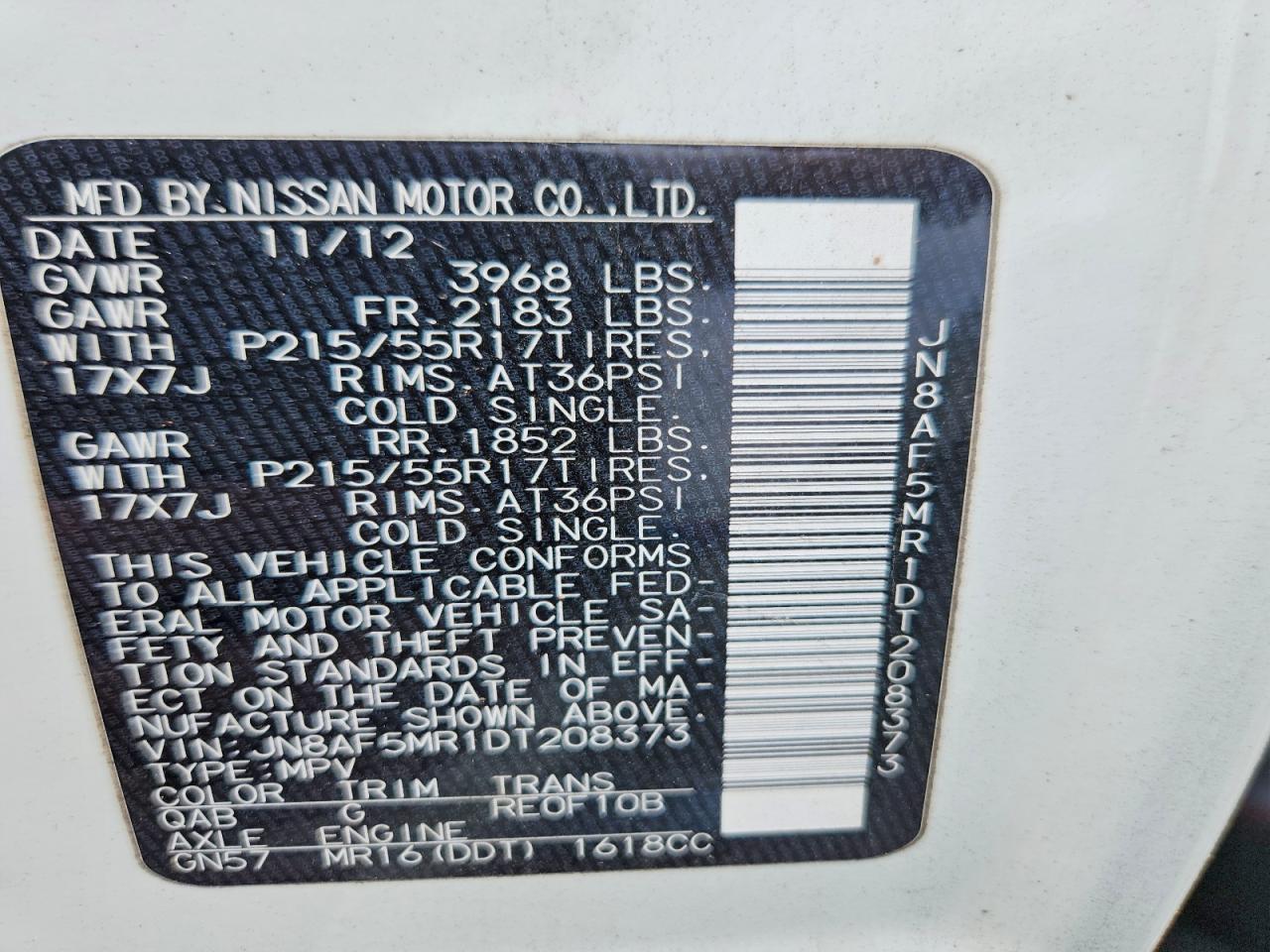 2013 Nissan Juke S Белый vin: JN8AF5MR1DT208373