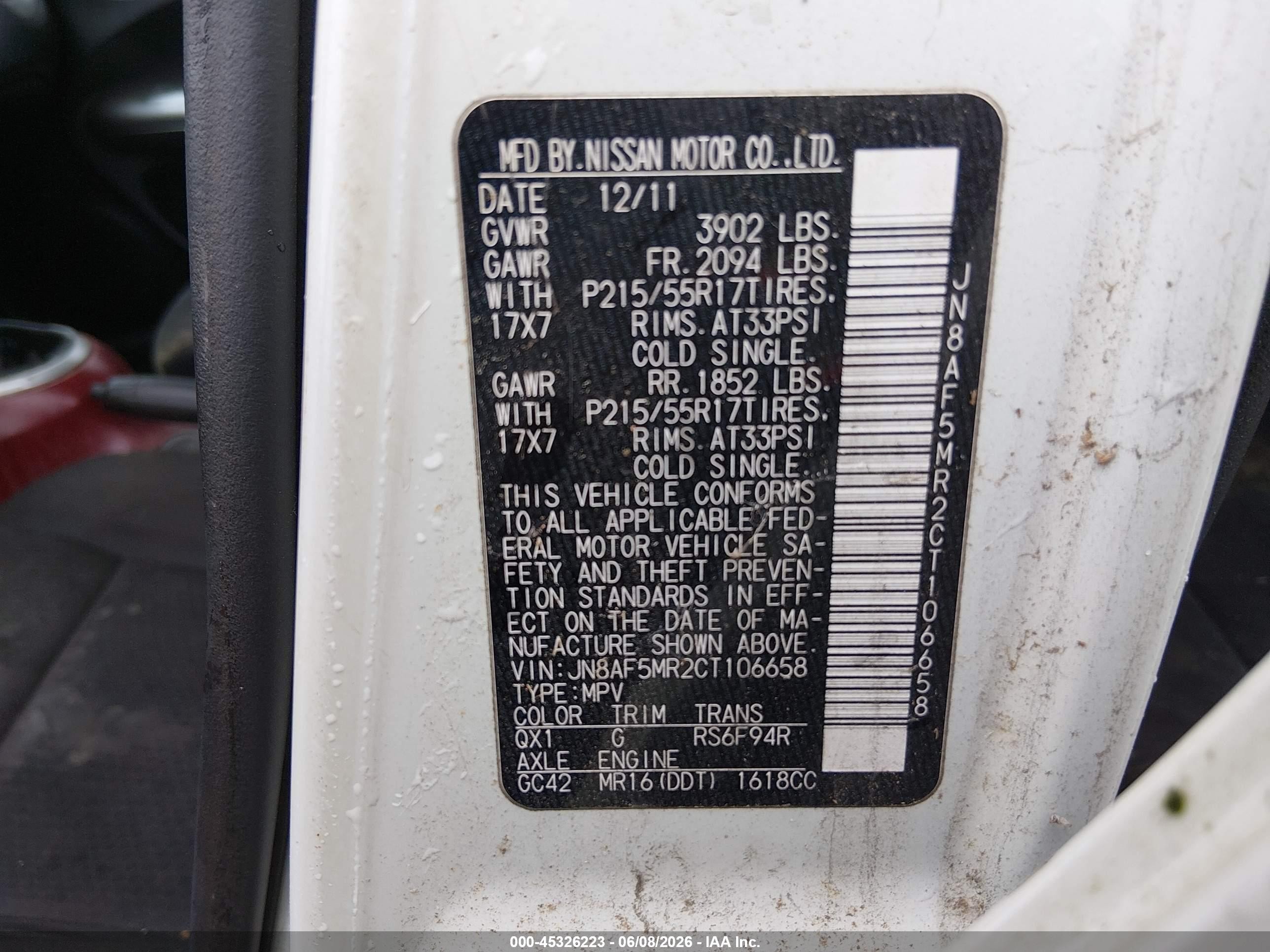 2012 Nissan Juke Sv White vin: JN8AF5MR2CT106658