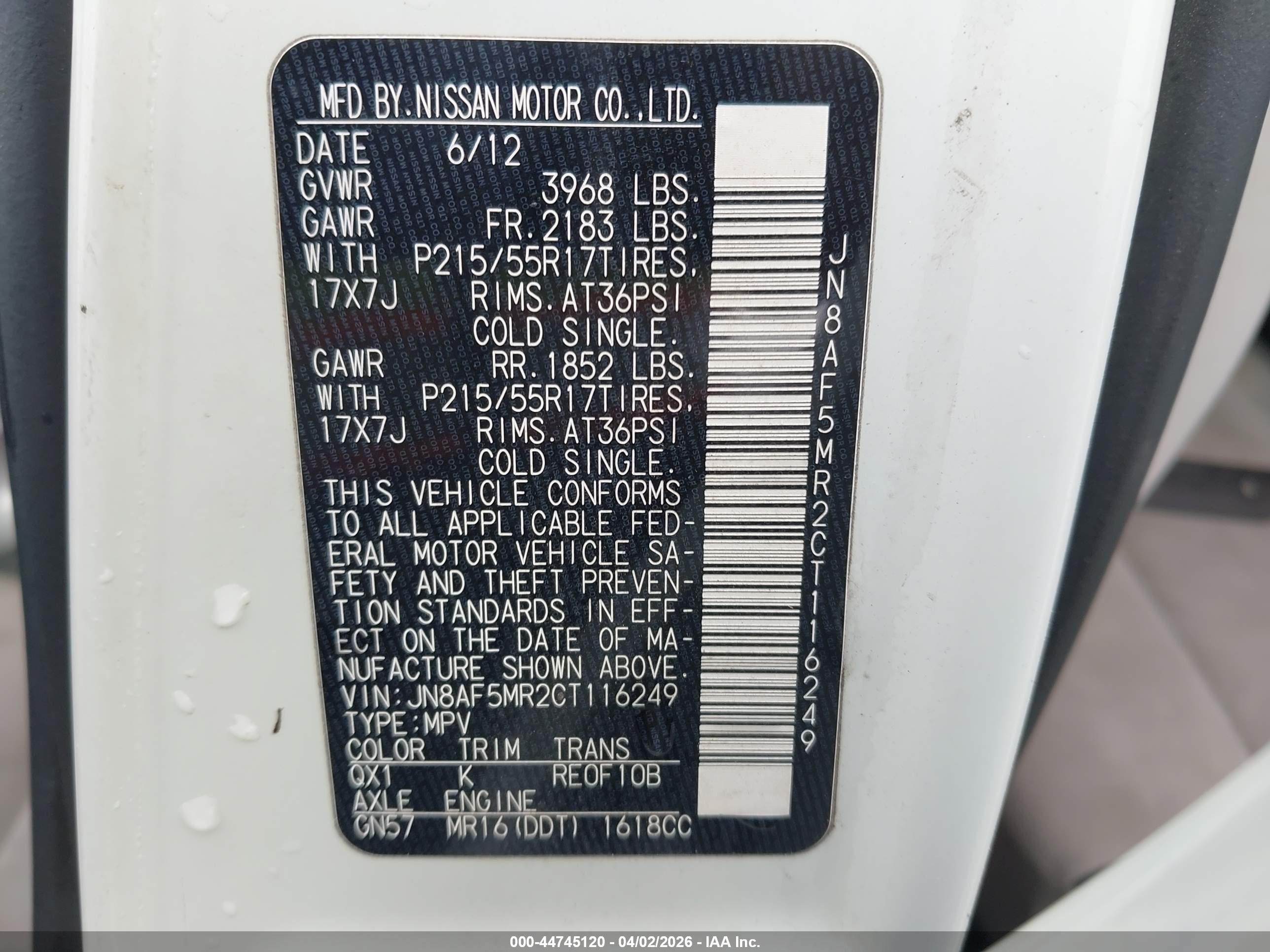2012 Nissan Juke Sv White vin: JN8AF5MR2CT116249