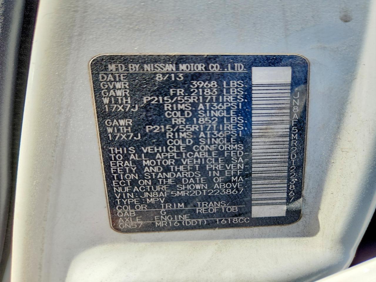 2013 Nissan Juke S White vin: JN8AF5MR2DT223867