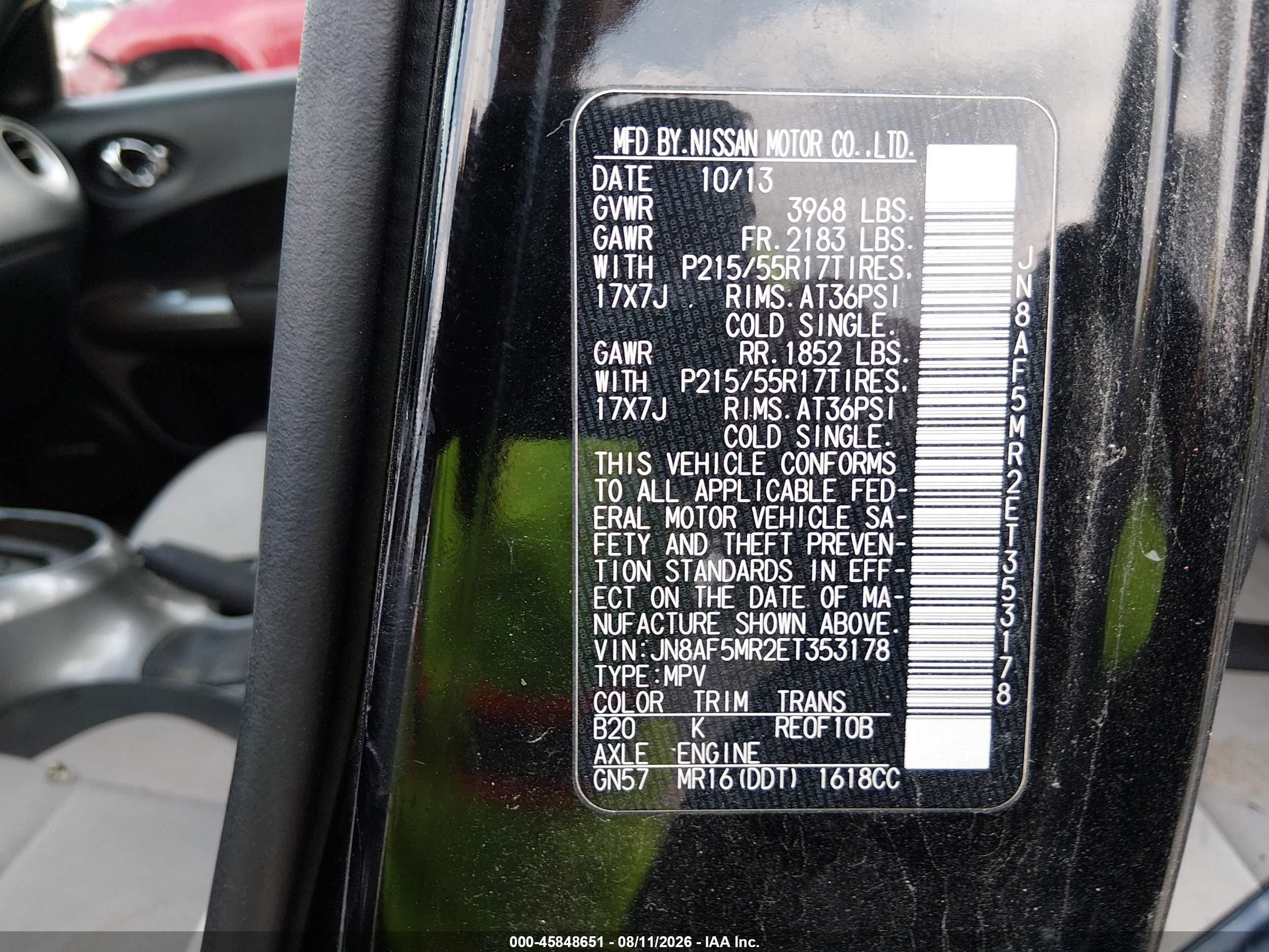 2014 Nissan Juke Sv Black vin: JN8AF5MR2ET353178