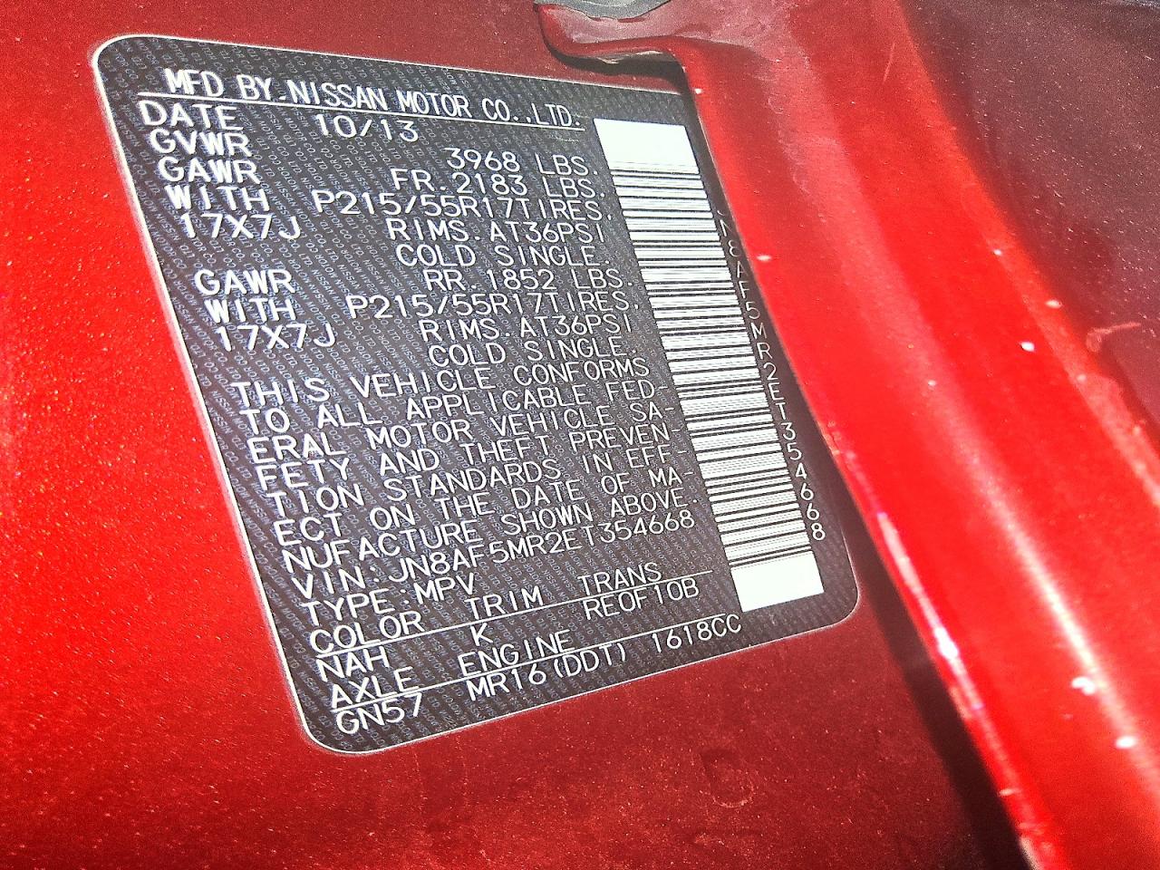 2014 Nissan Juke Sv Red vin: JN8AF5MR2ET354668