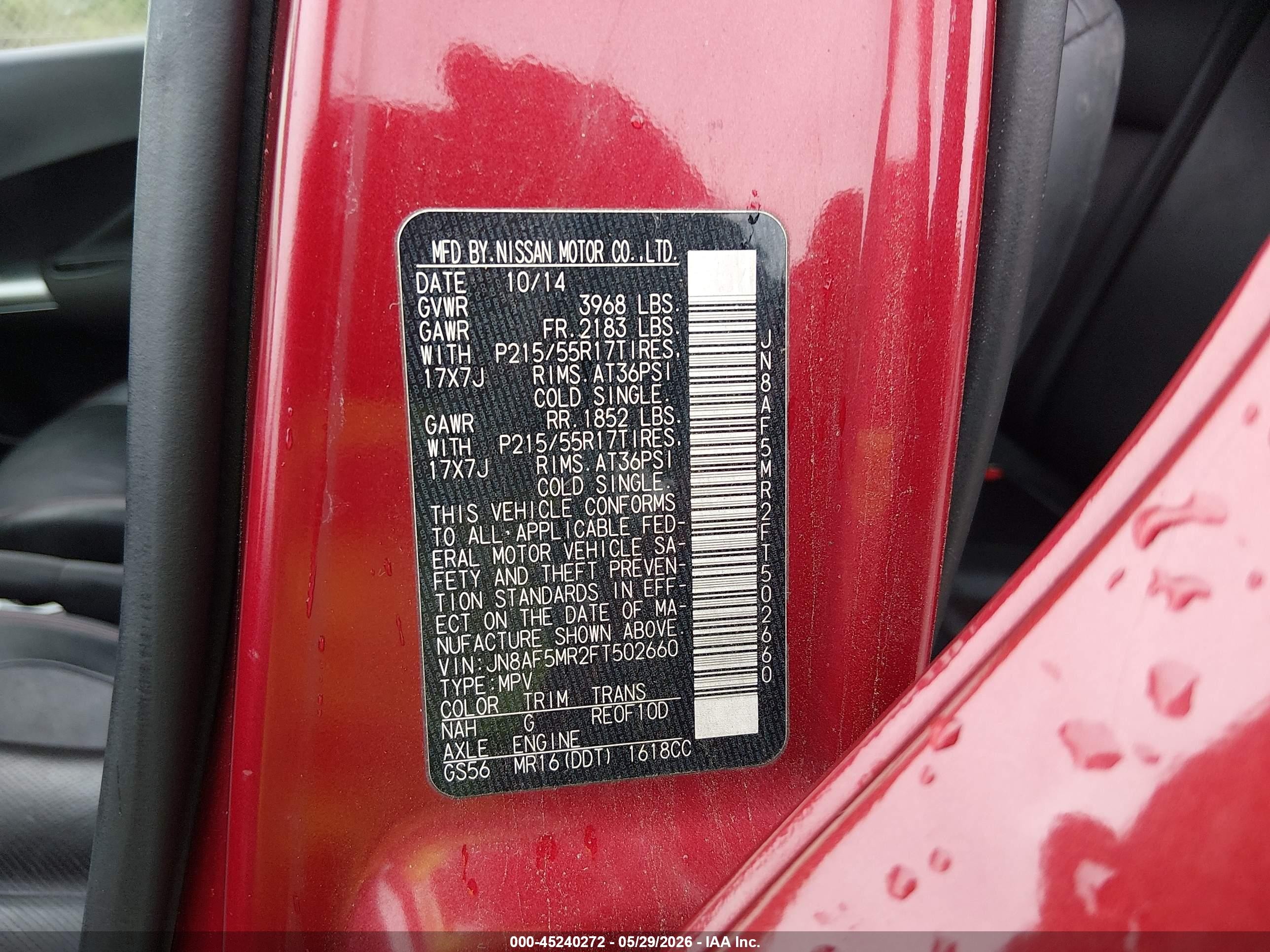 2015 Nissan Juke Sl Red vin: JN8AF5MR2FT502660