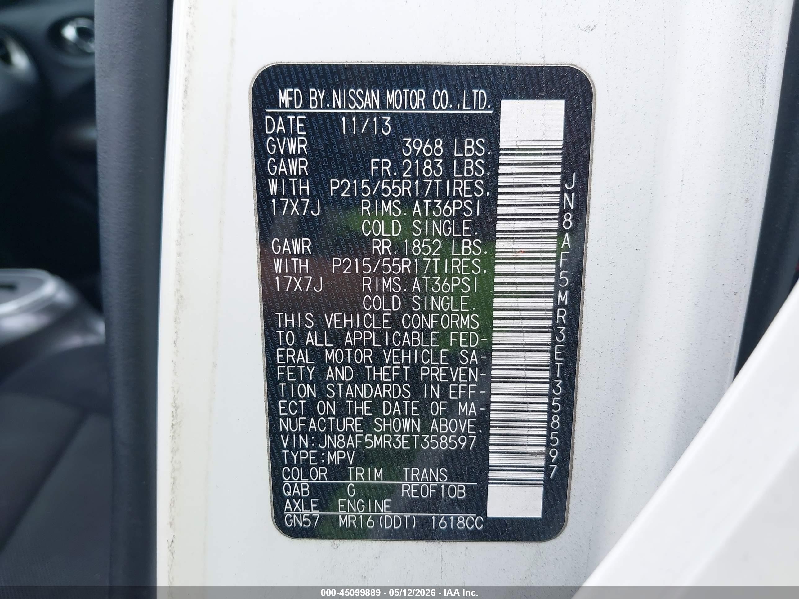 2014 Nissan Juke S White vin: JN8AF5MR3ET358597