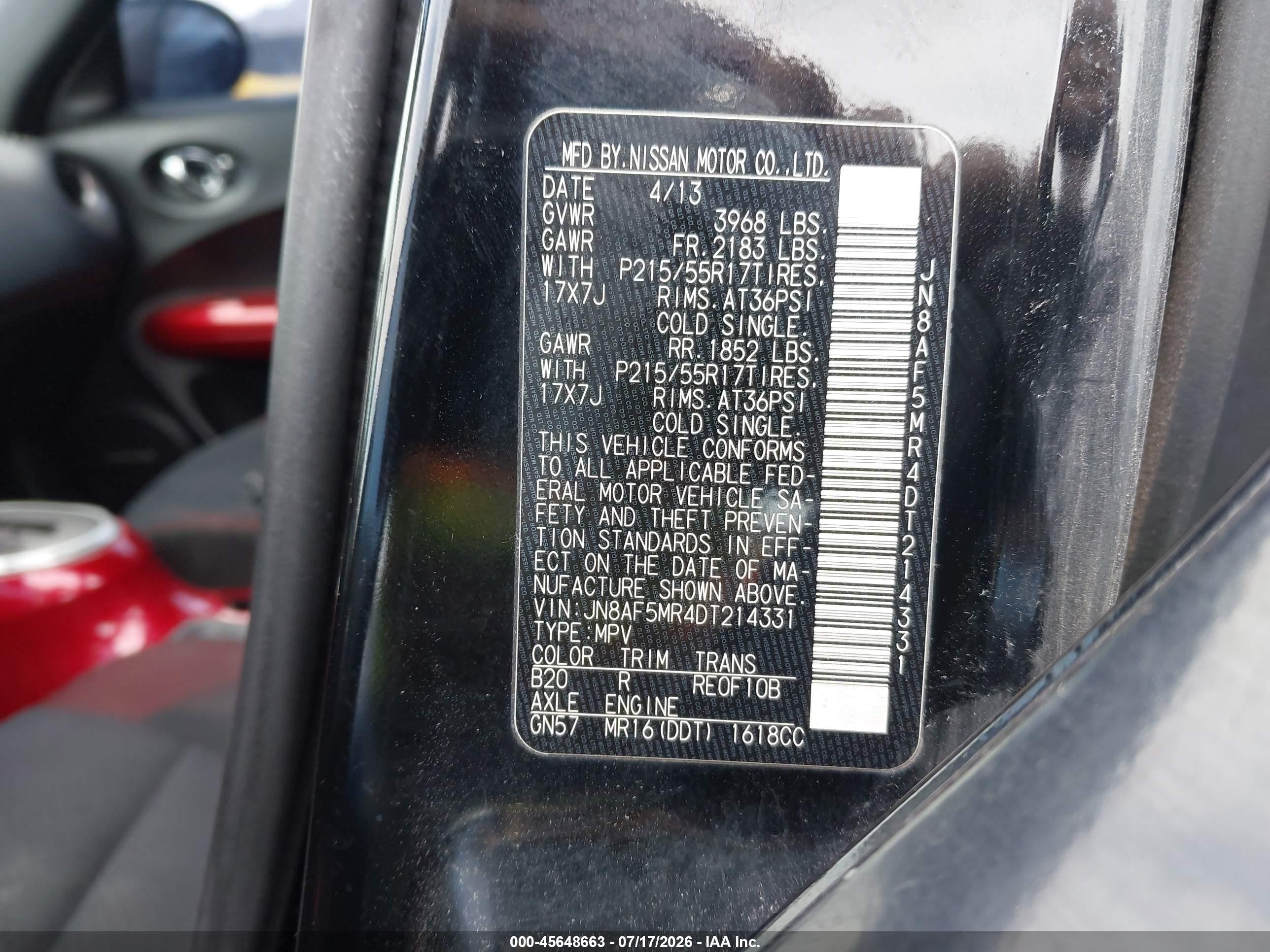 2013 Nissan Juke Sv Black vin: JN8AF5MR4DT214331