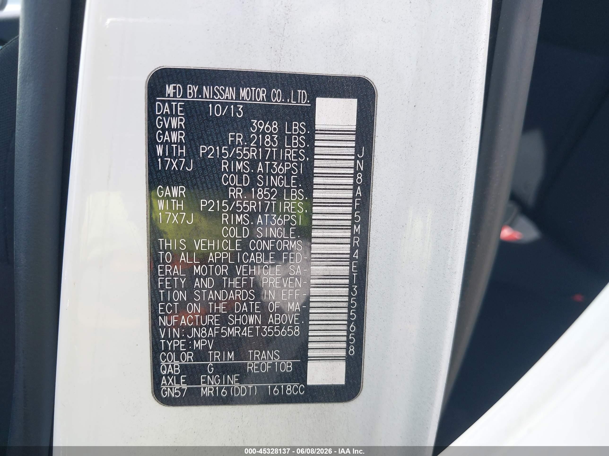 2014 Nissan Juke S Белый vin: JN8AF5MR4ET355658