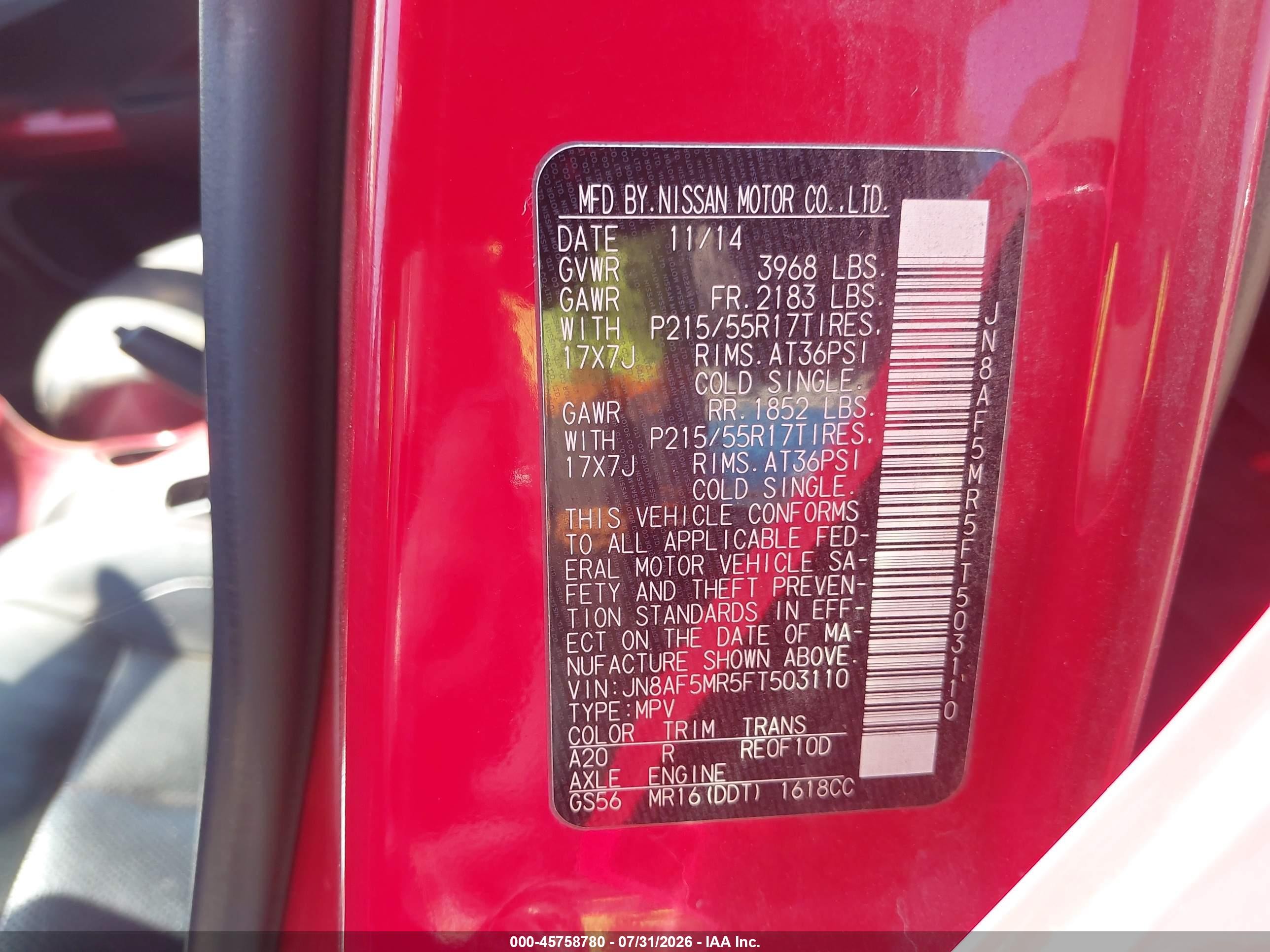 2015 Nissan Juke Sl Red vin: JN8AF5MR5FT503110