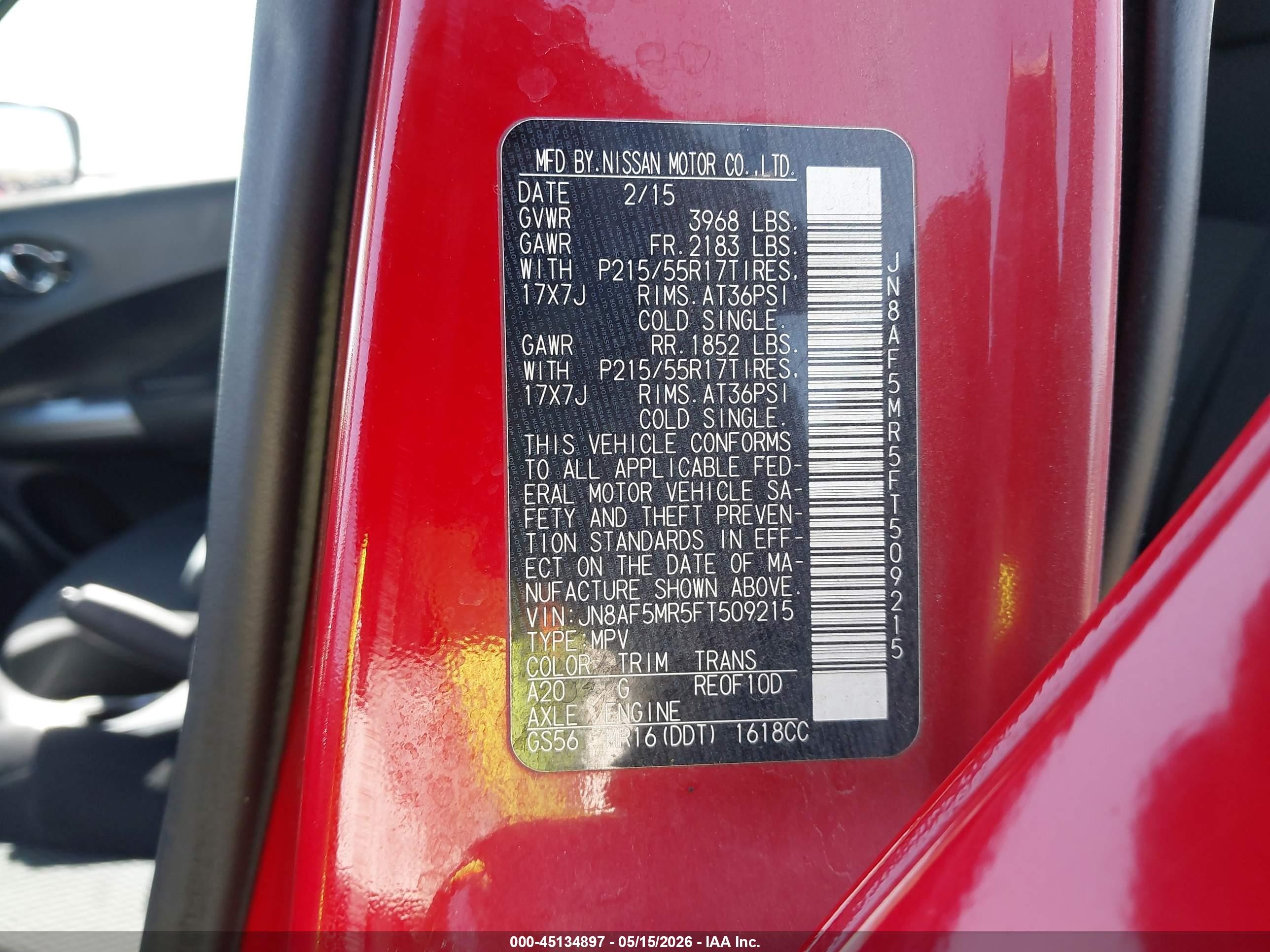 2015 Nissan Juke S Red vin: JN8AF5MR5FT509215