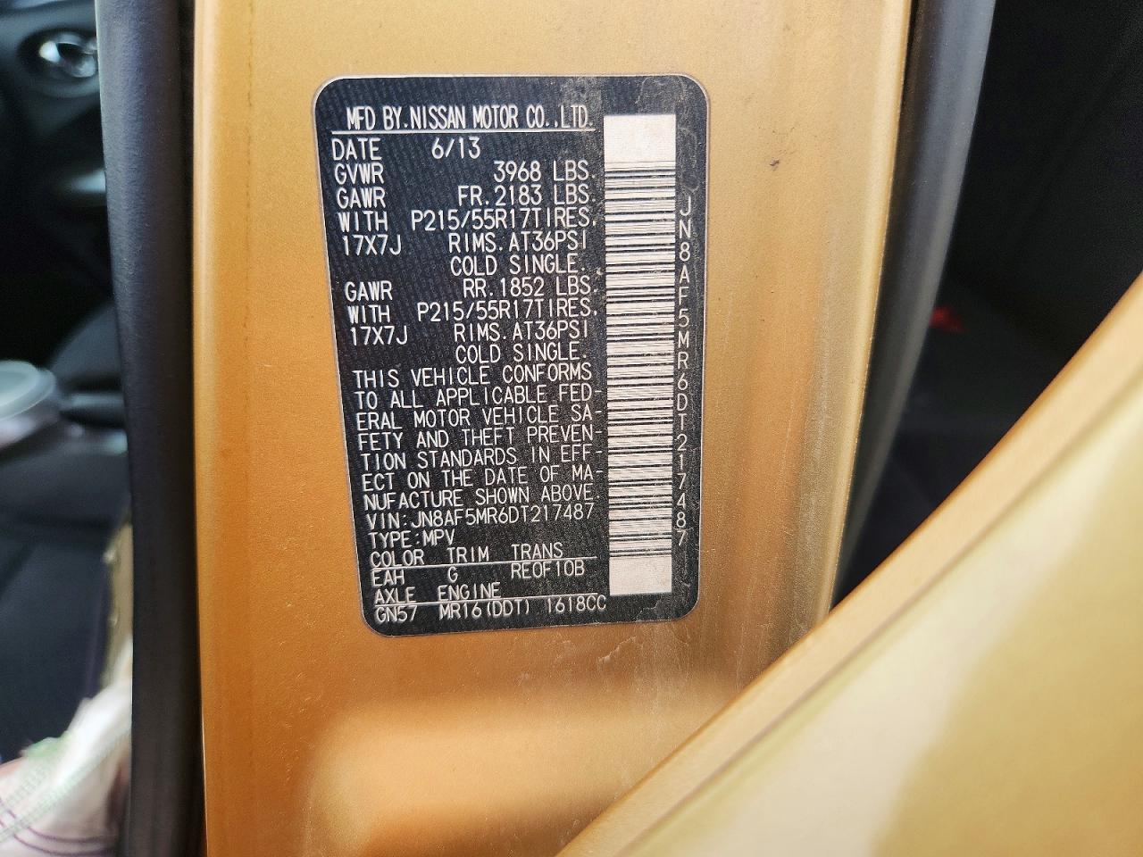 2013 Nissan Juke S Gold vin: JN8AF5MR6DT217487