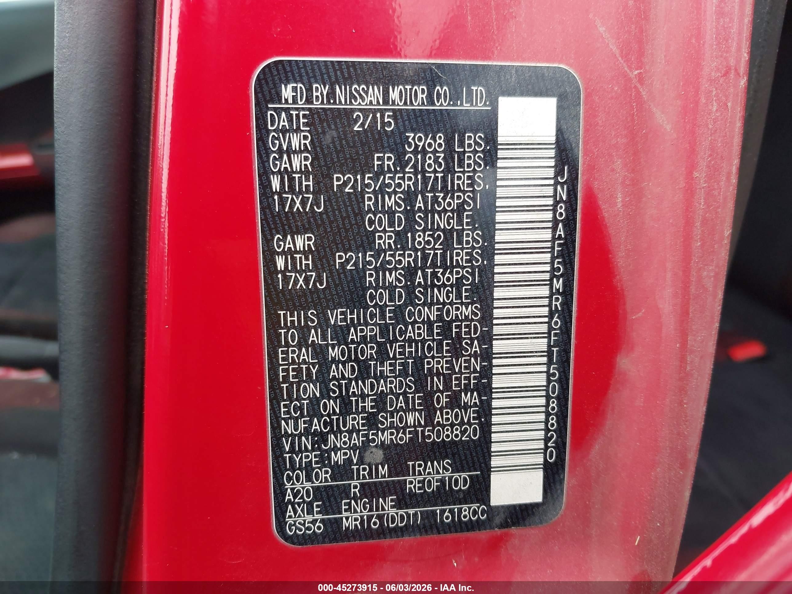 2015 Nissan Juke Sv Red vin: JN8AF5MR6FT508820