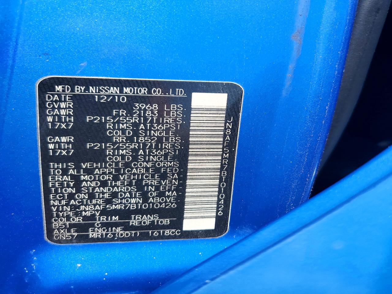 2011 Nissan Juke S Blue vin: JN8AF5MR7BT010426