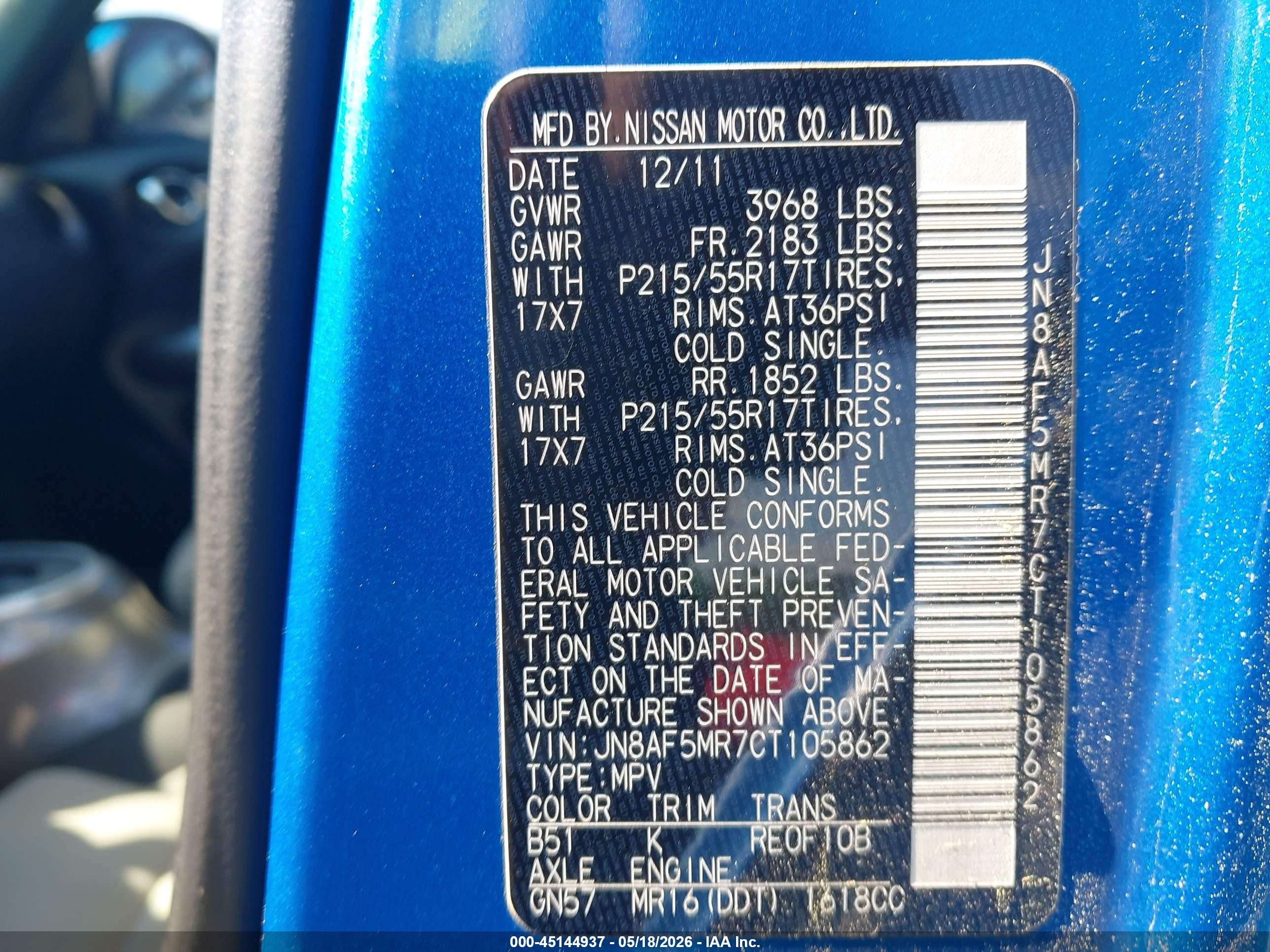 2012 Nissan Juke Sv Blue vin: JN8AF5MR7CT105862