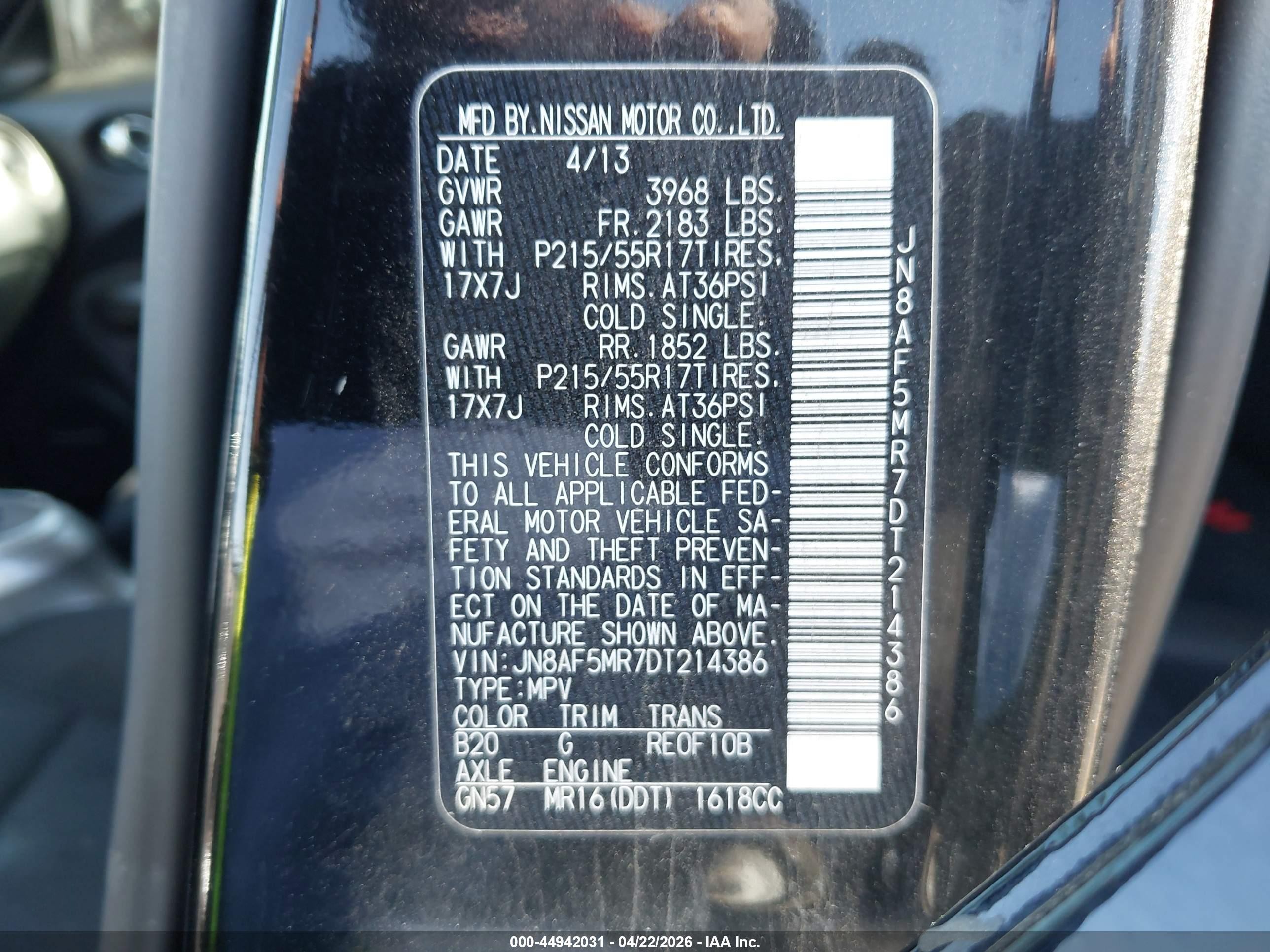 2013 Nissan Juke Sv Black vin: JN8AF5MR7DT214386