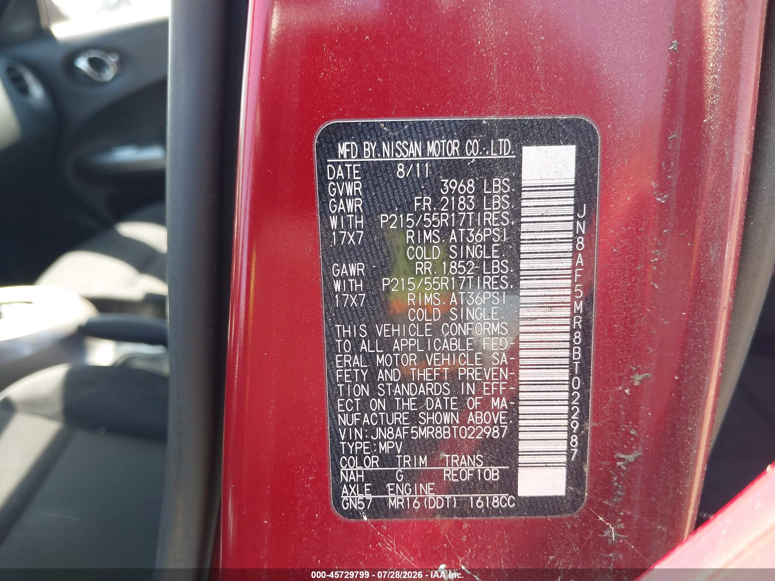 2011 Nissan Juke S Red vin: JN8AF5MR8BT022987