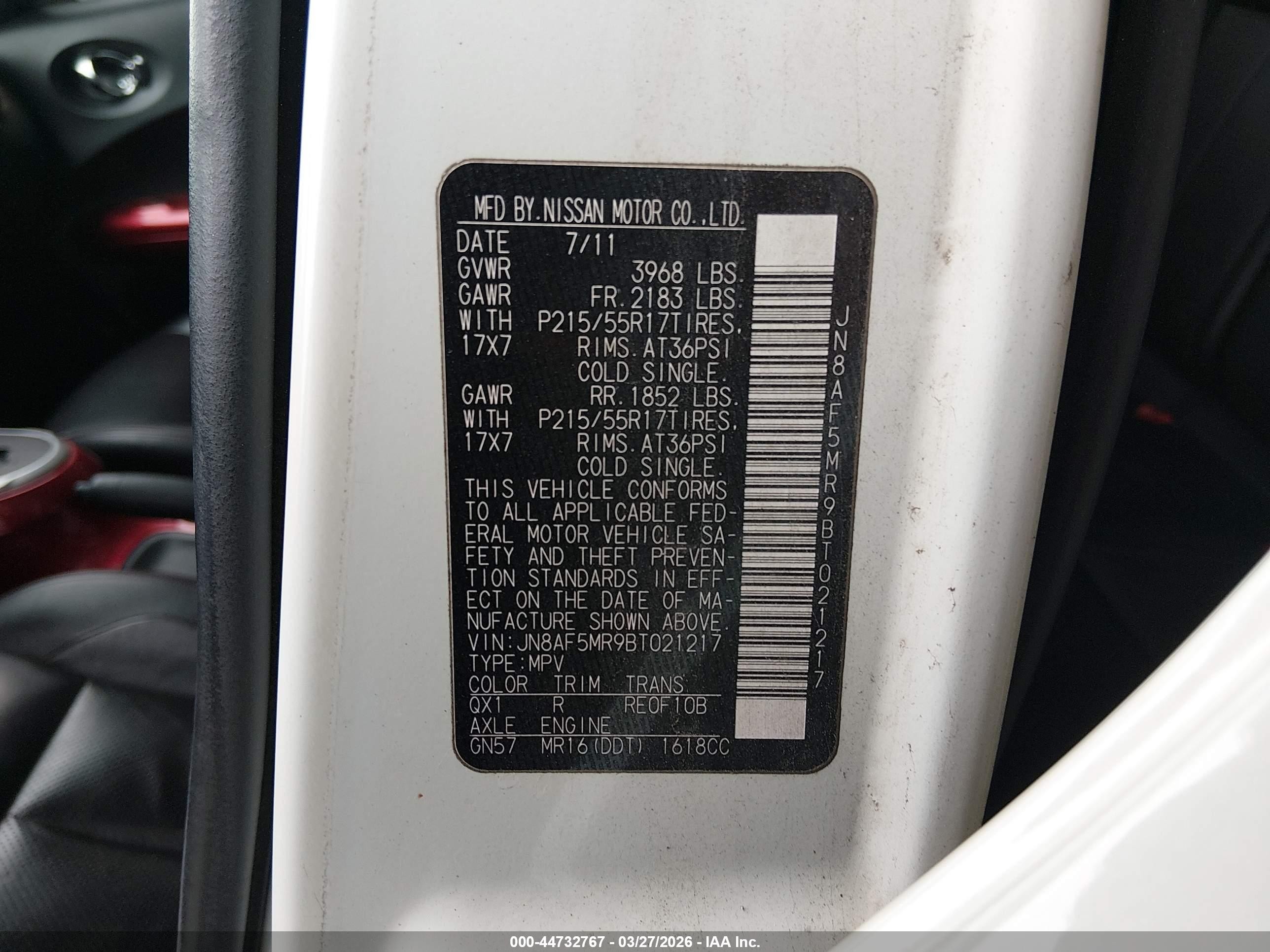 2011 Nissan Juke Sl White vin: JN8AF5MR9BT021217