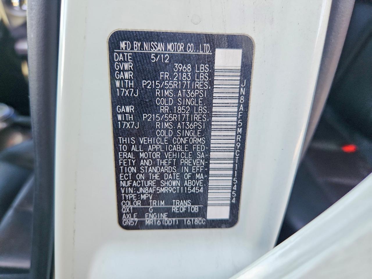 2012 Nissan Juke S White vin: JN8AF5MR9CT115454