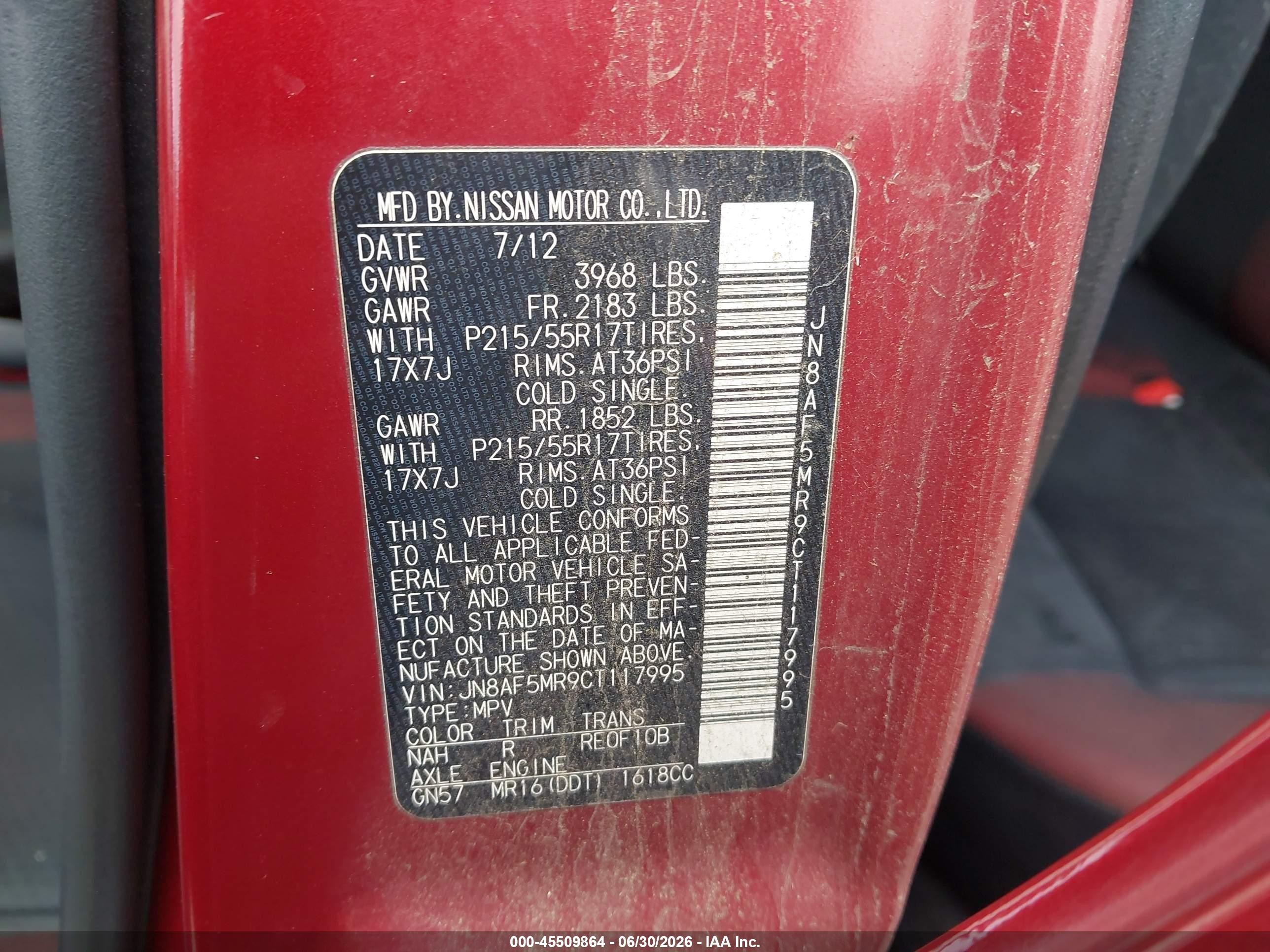2012 Nissan Juke Sv Red vin: JN8AF5MR9CT117995