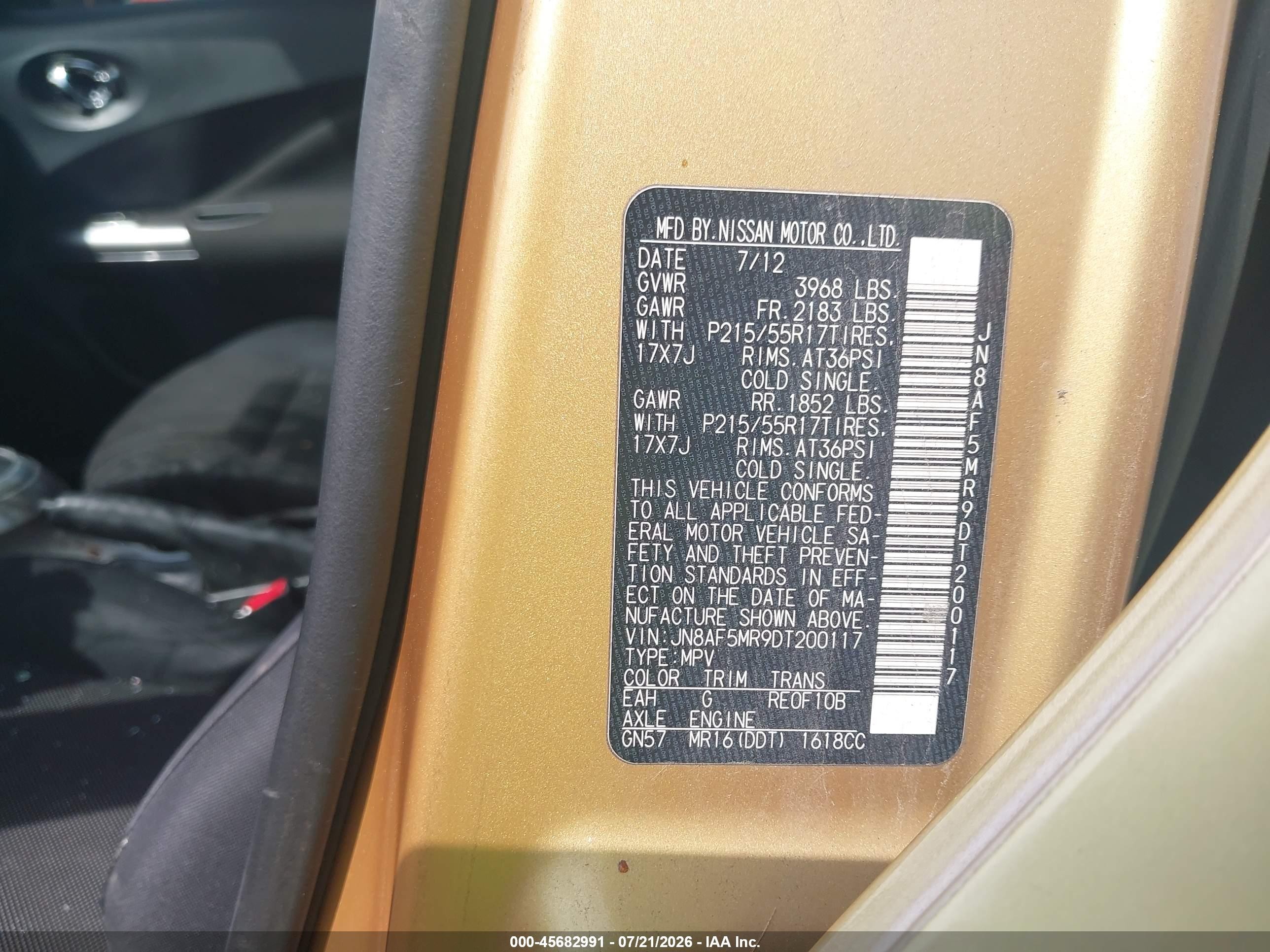 2013 Nissan Juke S Gold vin: JN8AF5MR9DT200117