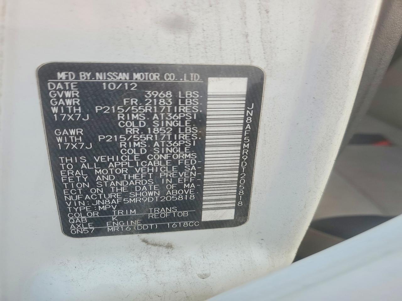 2013 Nissan Juke S White vin: JN8AF5MR9DT205818