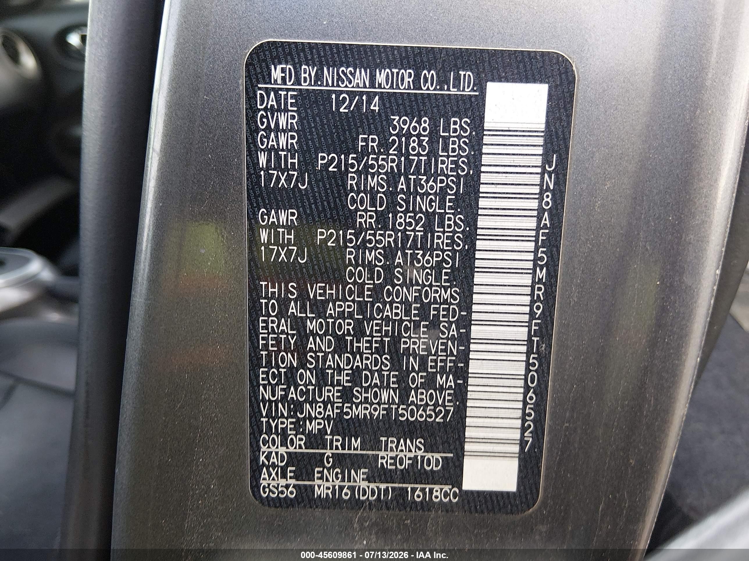 2015 Nissan Juke Sv Gray vin: JN8AF5MR9FT506527