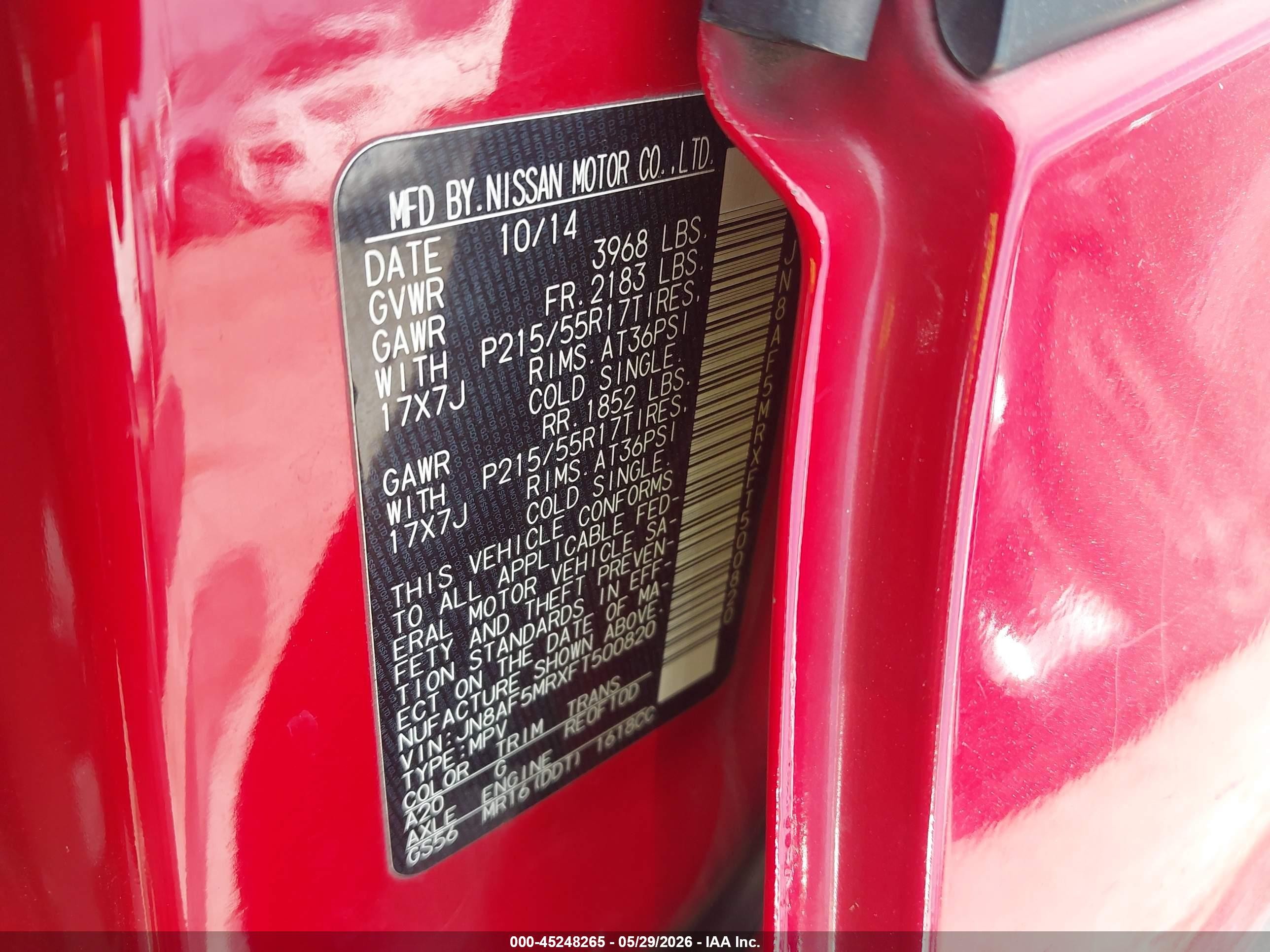 2015 Nissan Juke Sv Red vin: JN8AF5MRXFT500820