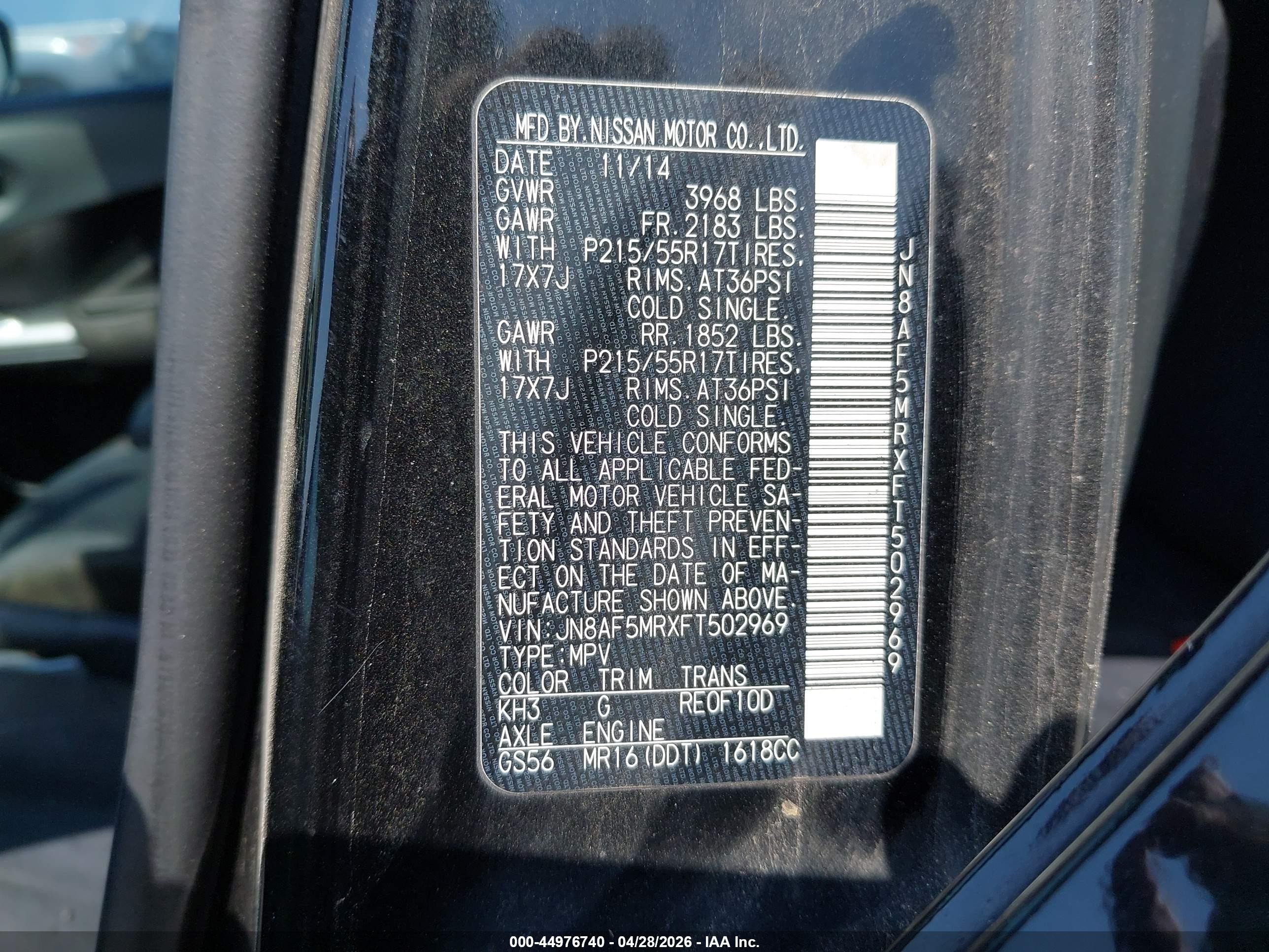 2015 Nissan Juke Sv Black vin: JN8AF5MRXFT502969