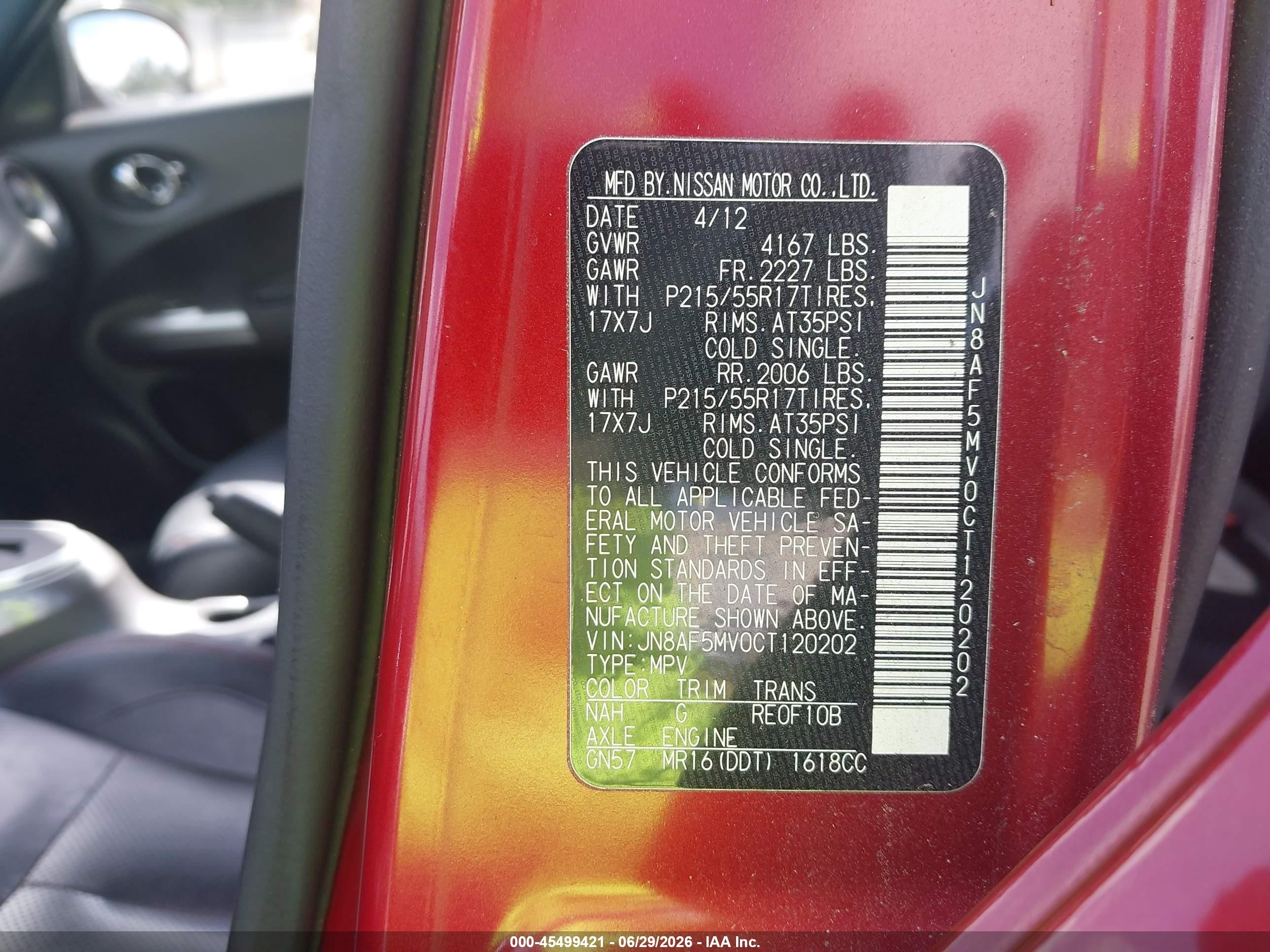 2012 Nissan Juke Sl Red vin: JN8AF5MV0CT120202