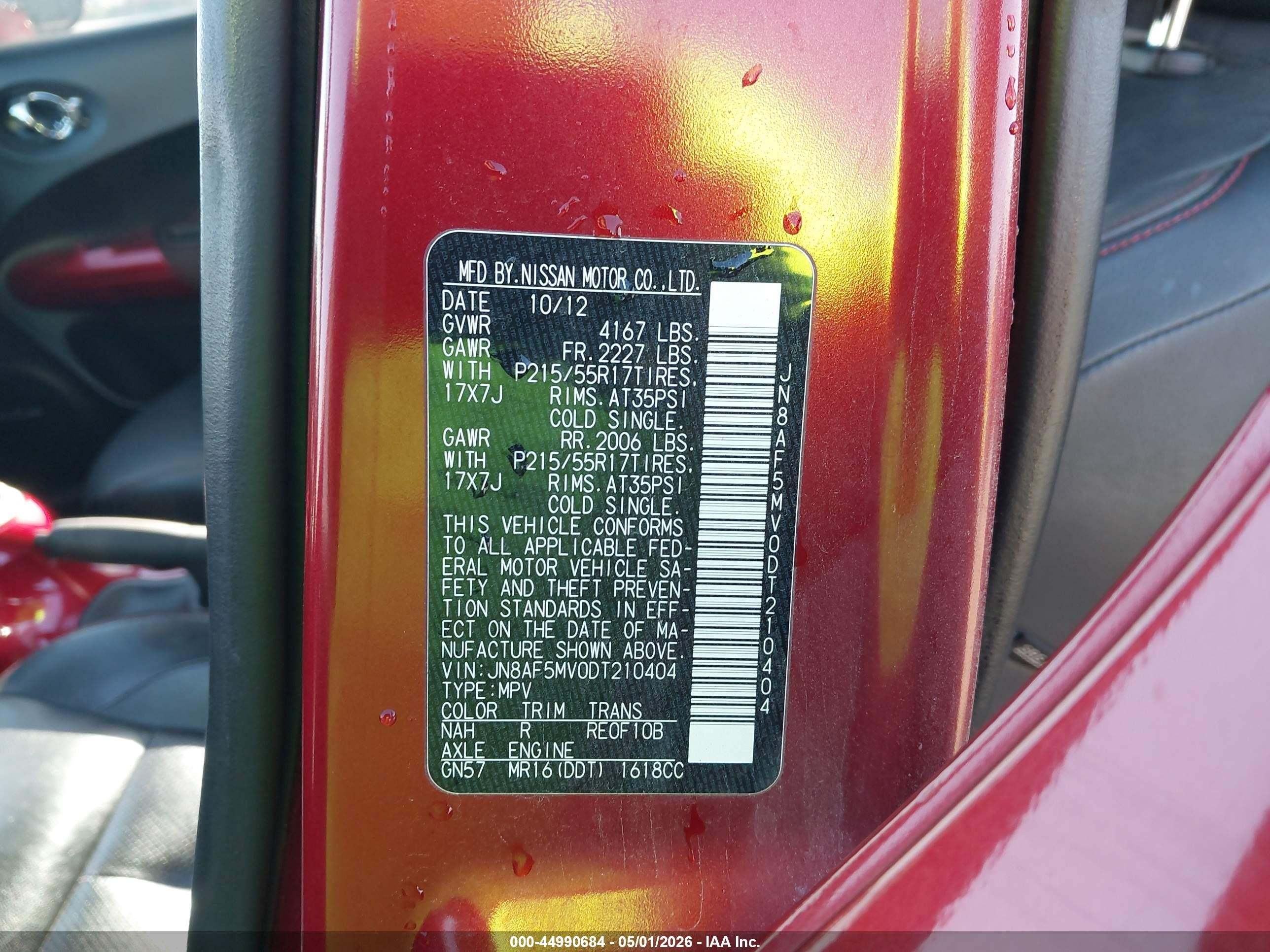 2013 Nissan Juke Sl Red vin: JN8AF5MV0DT210404
