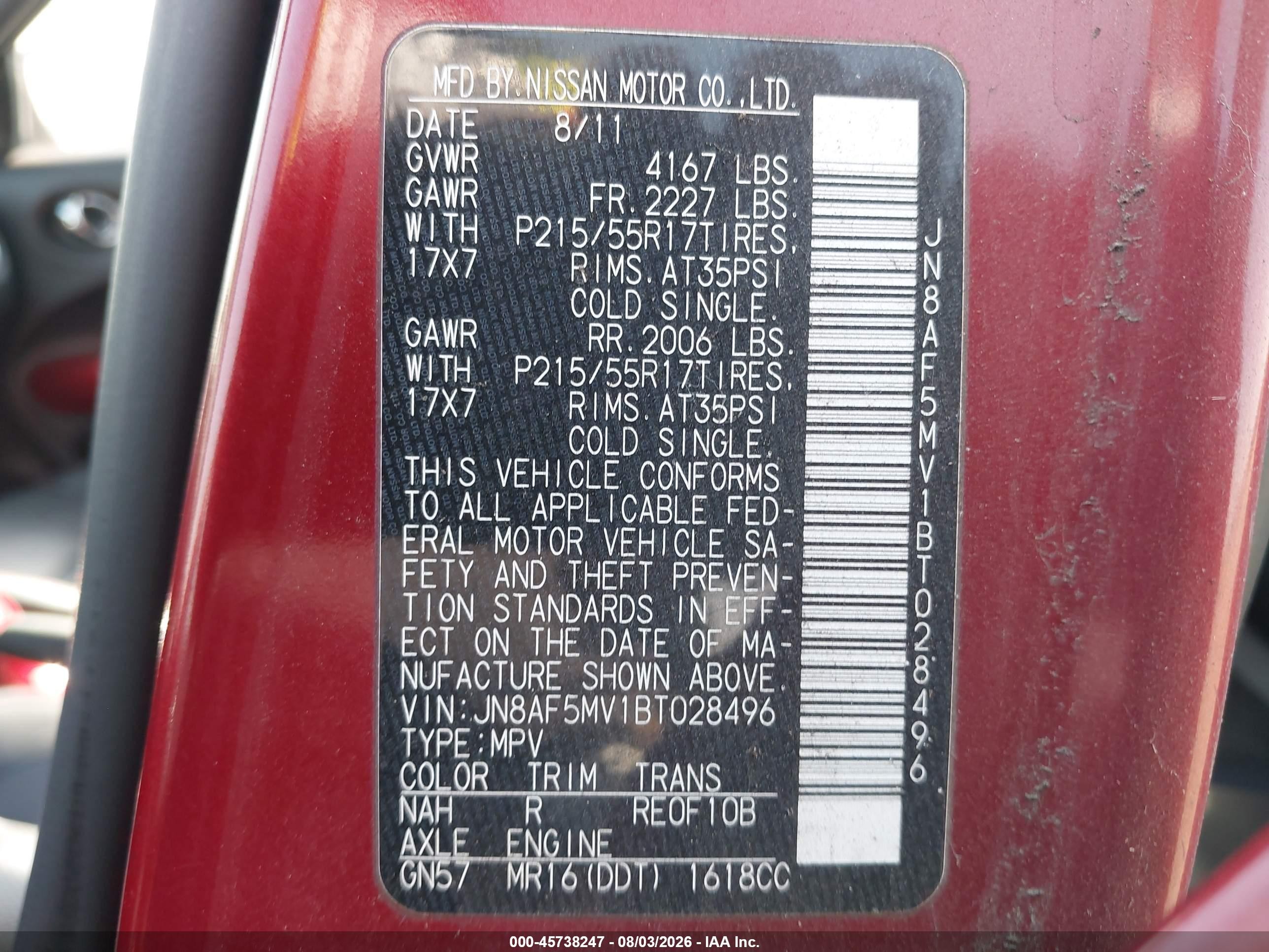 2011 Nissan Juke Sl Red vin: JN8AF5MV1BT028496