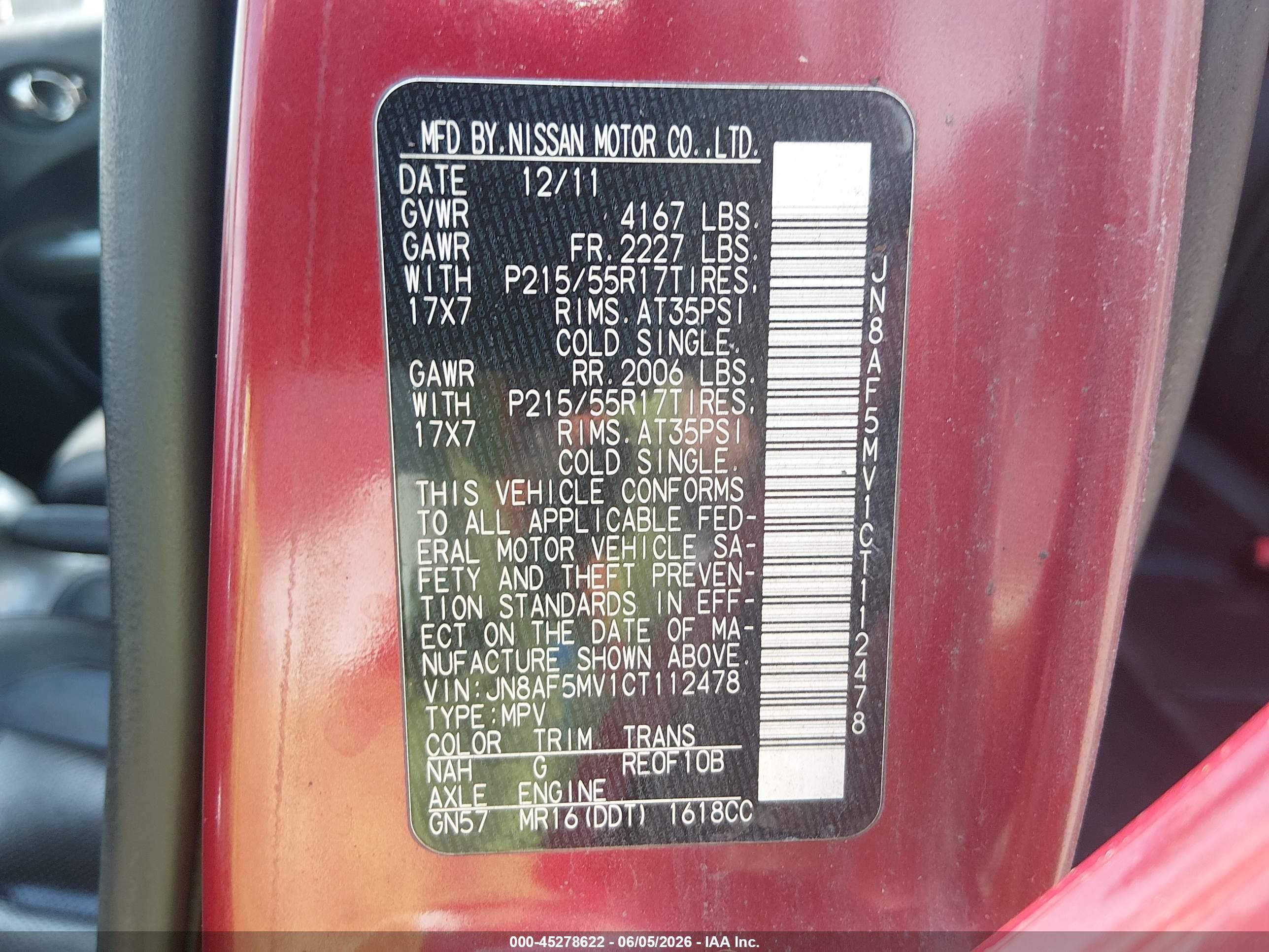 2012 Nissan Juke Sl Red vin: JN8AF5MV1CT112478