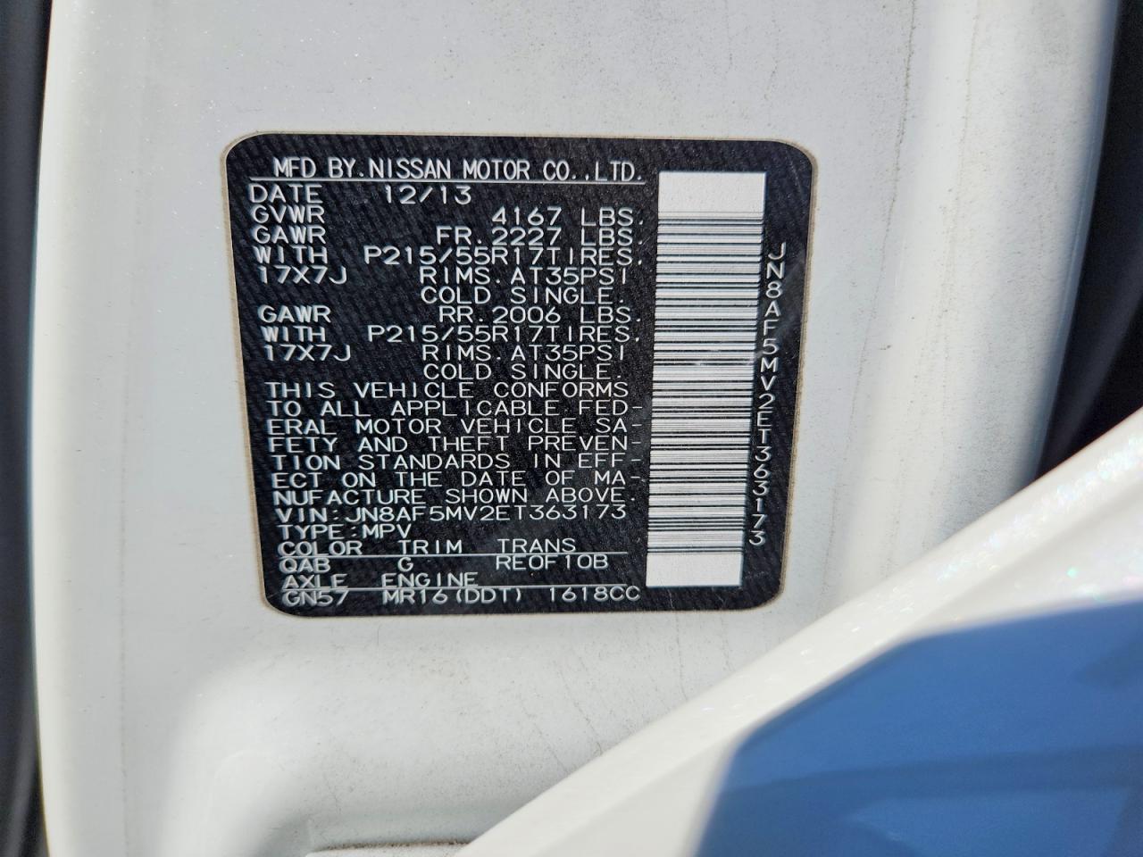 2014 Nissan Juke S White vin: JN8AF5MV2ET363173