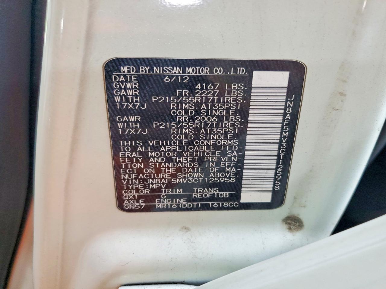 2012 Nissan Juke S White vin: JN8AF5MV3CT125958