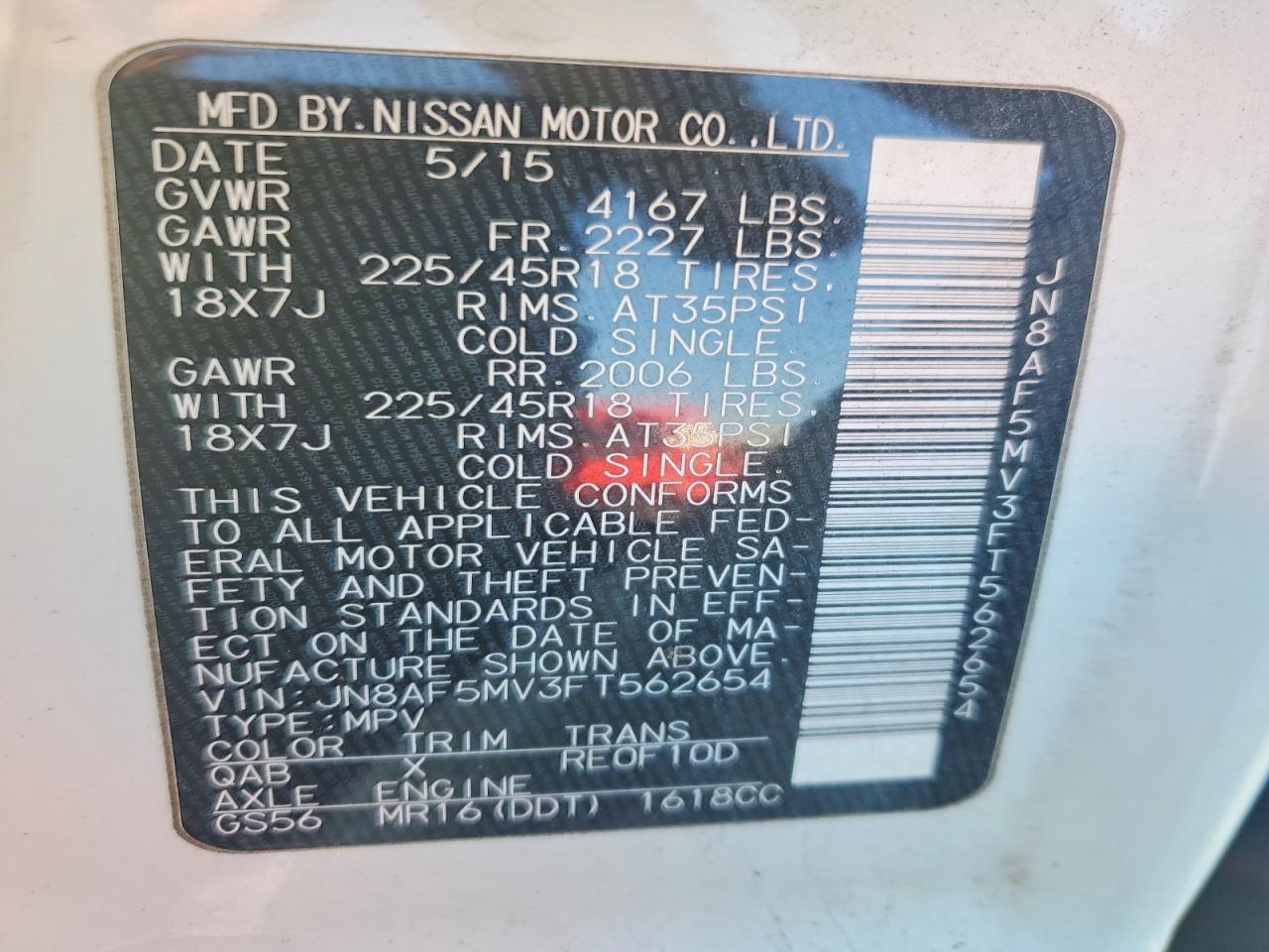 2015 Nissan Juke S White vin: JN8AF5MV3FT562654