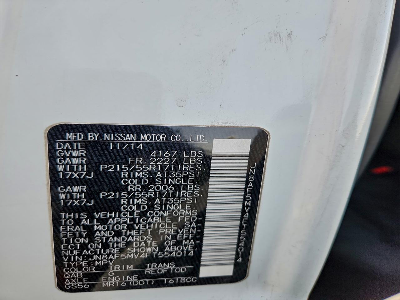 2015 Nissan Juke Sv White vin: JN8AF5MV4FT554014