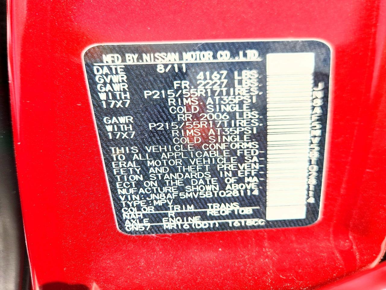 2011 Nissan Juke S Red vin: JN8AF5MV5BT028114