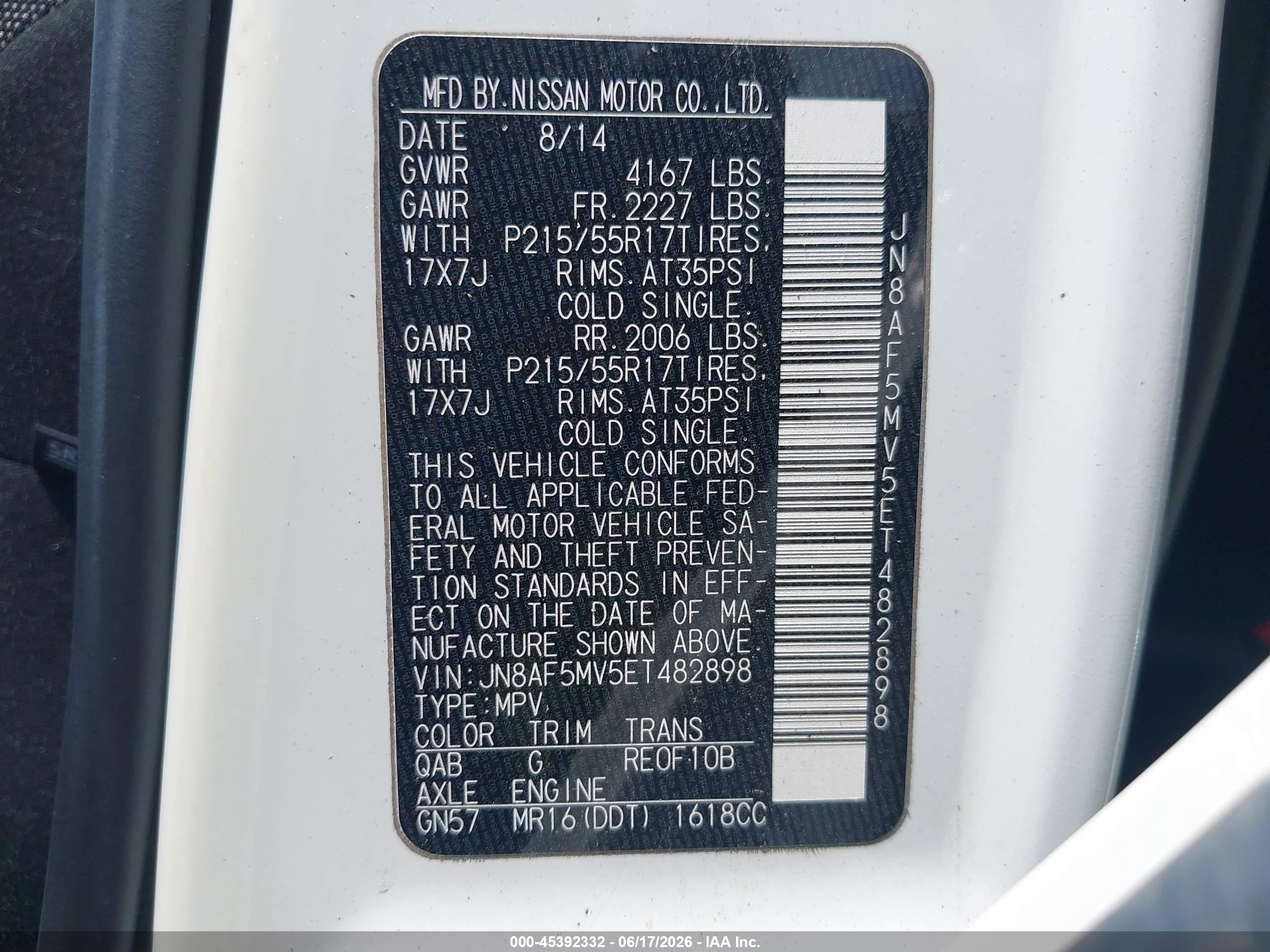 2014 Nissan Juke Sv White vin: JN8AF5MV5ET482898