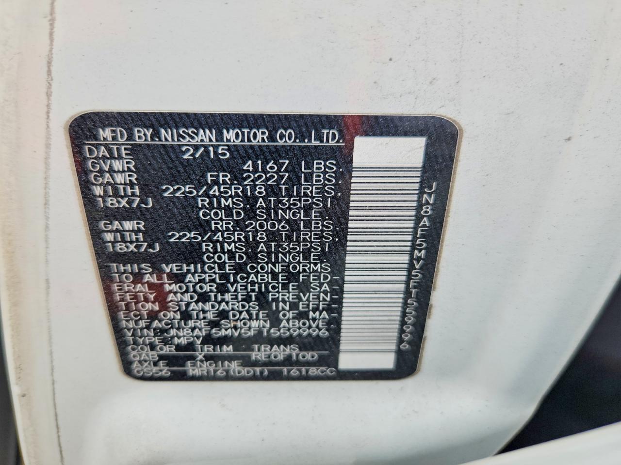 2015 Nissan Juke Nismo White vin: JN8AF5MV5FT559996