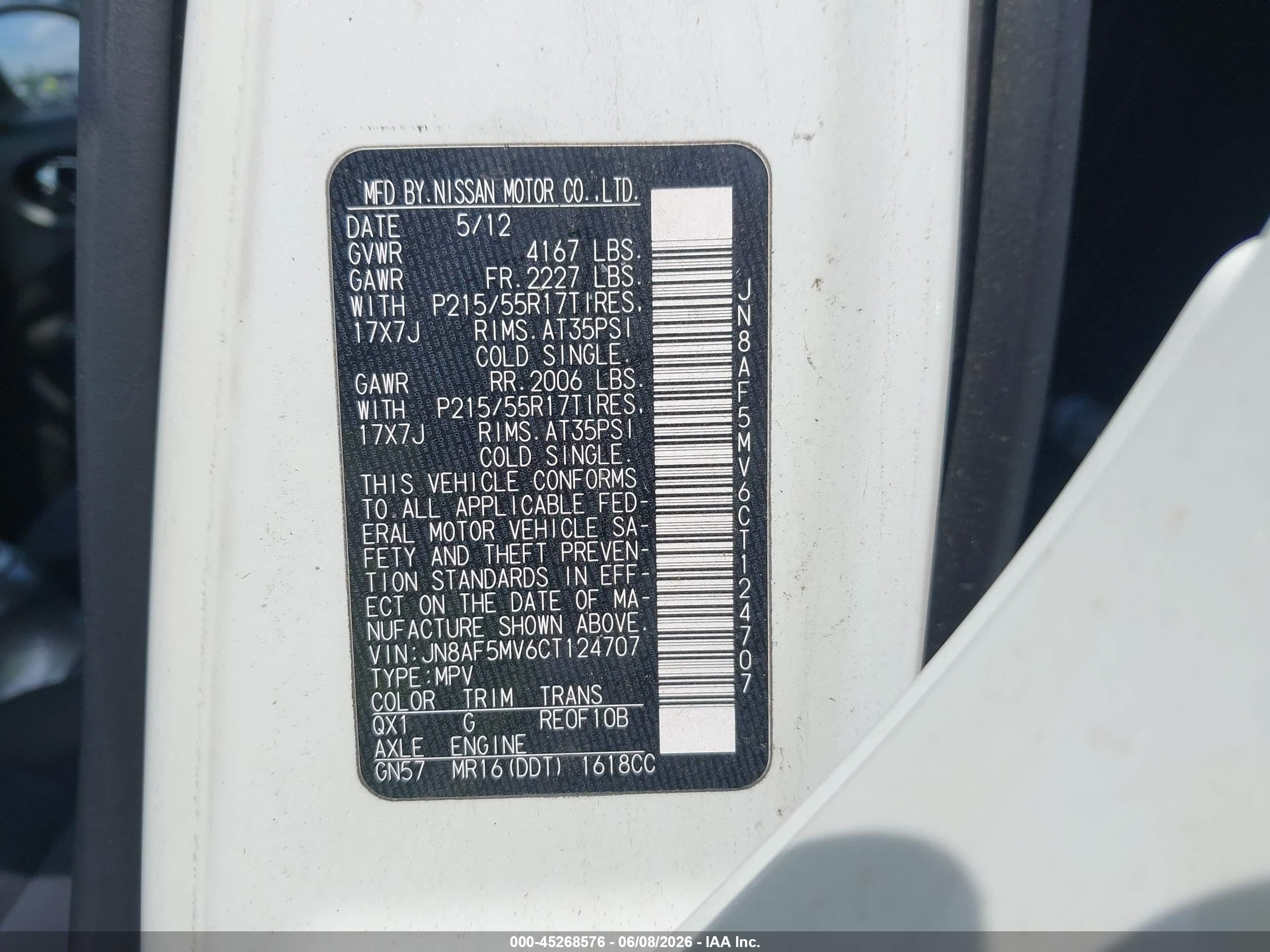 2012 Nissan Juke Sv White vin: JN8AF5MV6CT124707