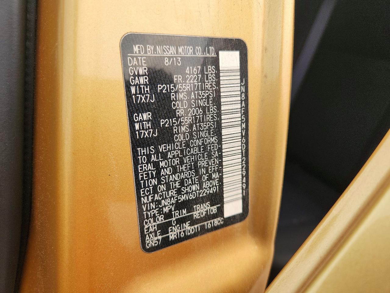 2013 Nissan Juke S Gold vin: JN8AF5MV6DT229491