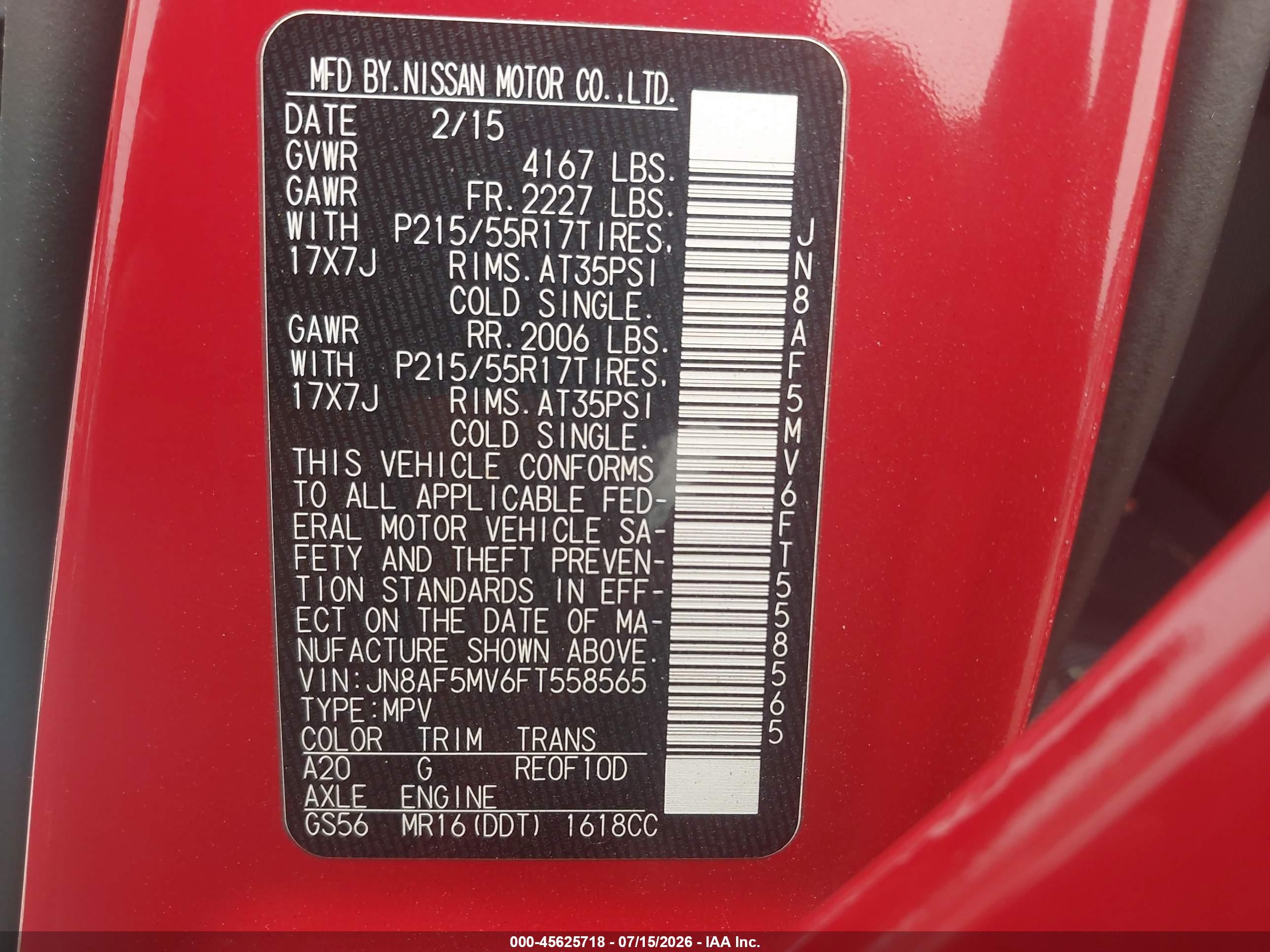 2015 Nissan Juke S Red vin: JN8AF5MV6FT558565