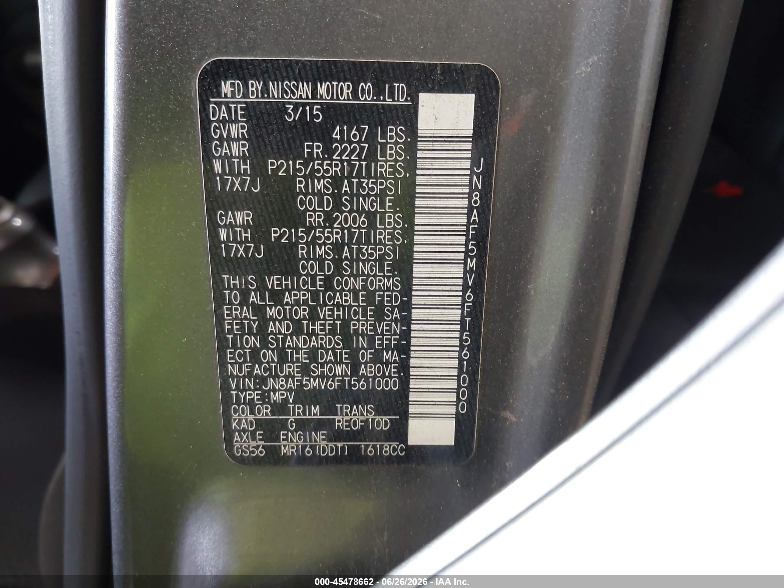 2015 Nissan Juke Sv Gray vin: JN8AF5MV6FT561000