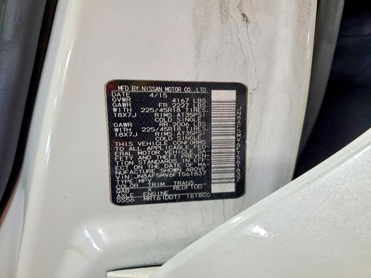 2015 Nissan Juke Nismo White vin: JN8AF5MV6FT561837